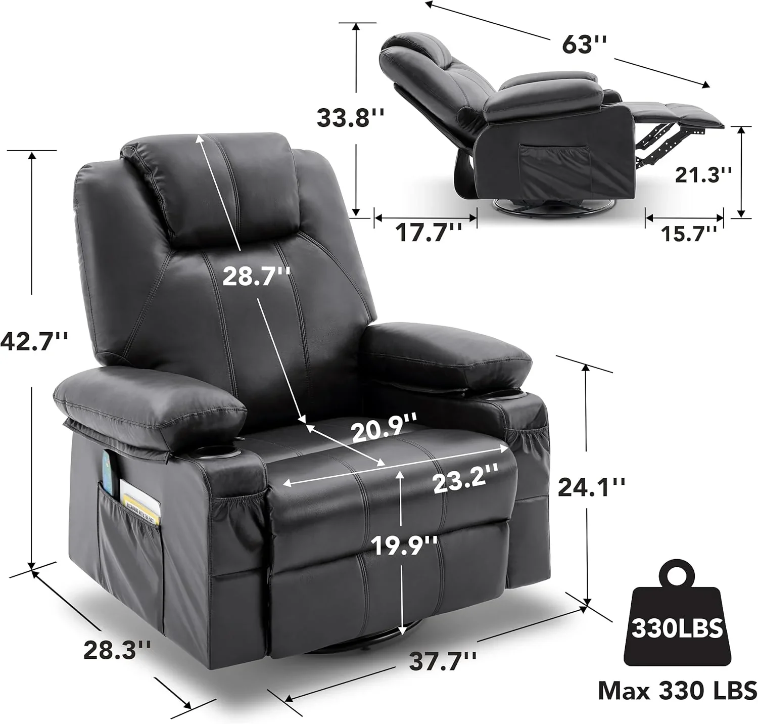 Oversized Swivel Rocker Recliner Chair with Heat and Massage, 360 Degree Swivel Rocking Single Sofa with Cup Holders and USB Port, Large Big Recliner Chair for Living Room (Leather, Brown)