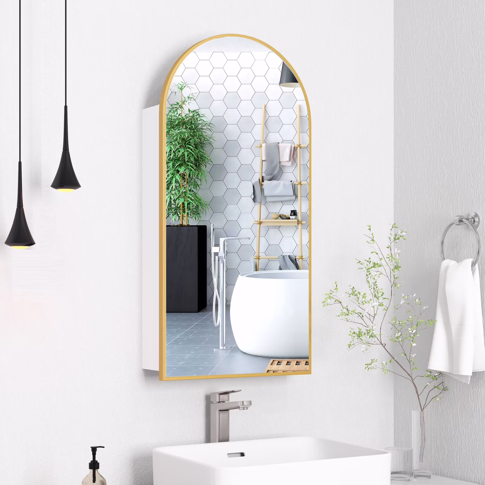 FKWin Arched Bathroom Medicine Cabinet with Mirror - Aluminum Framed Bathroom Mirror with Storage, Black Mirrored Medicine Cabinet, Wall Surface Mounted, 31.4"H x 15.7"W x 3.9"D