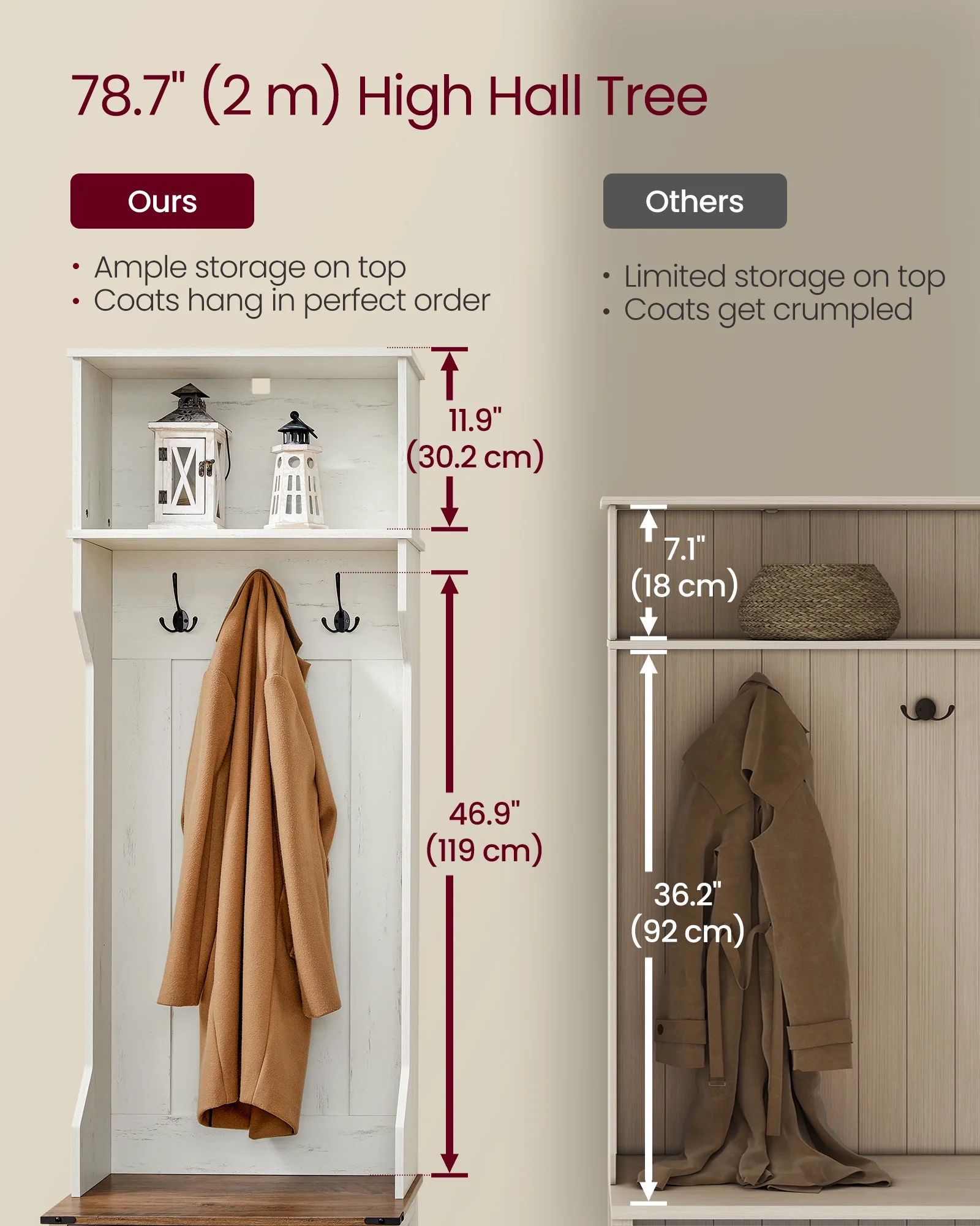 Farmhouse-Inspired Entryway Organizer, Triple Hooks & Built-In Shoe Bench, Hall Tree Entryway Bench for Mudroom & Foyer, Space-Saving Coat Rack with Storage Cabinet, Rustic White and Honey Brown