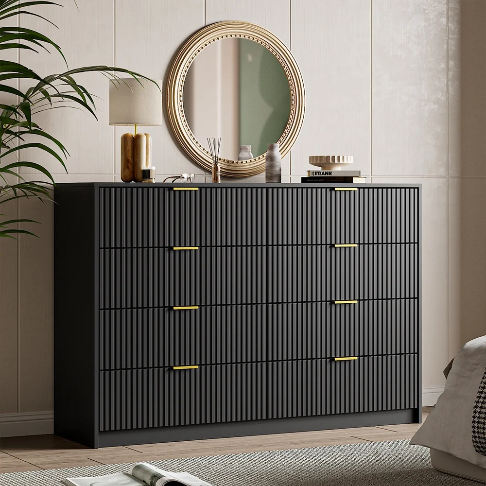 Furniway Black Dresser for Bedroom, 8 Drawer Double Dresser, Modern Chest of Drawers for Bedroom, Living Room, Entryway and Closet, 55" L x 15.7" D x 37.4" H