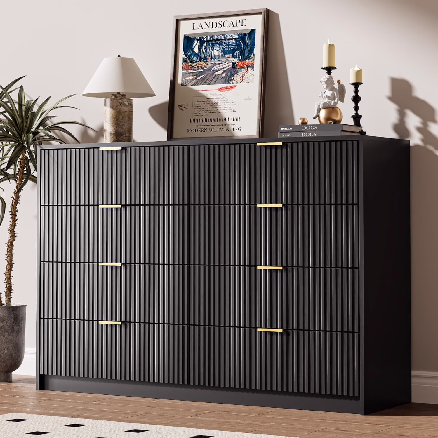 Furniway Black Dresser for Bedroom, 8 Drawer Double Dresser, Modern Chest of Drawers for Bedroom, Living Room, Entryway and Closet, 55″ L x 15.7″ D x 37.4″ H