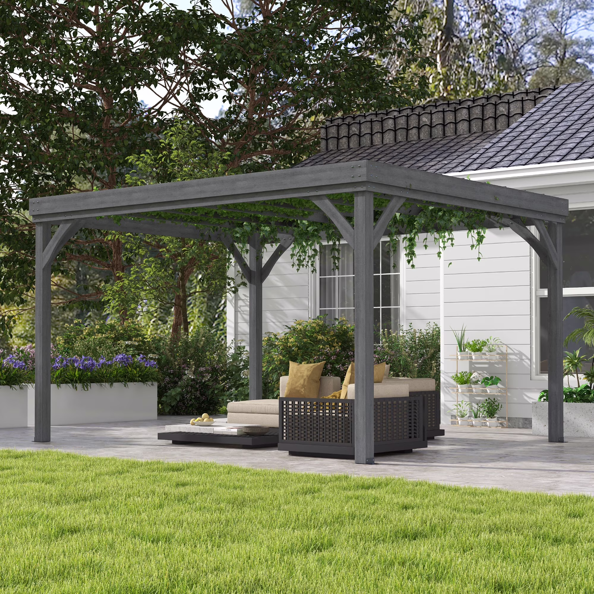 Outsunny 10′ x 12′ Outdoor Wood Pergola, Climbing Vine Gazebo, Gray