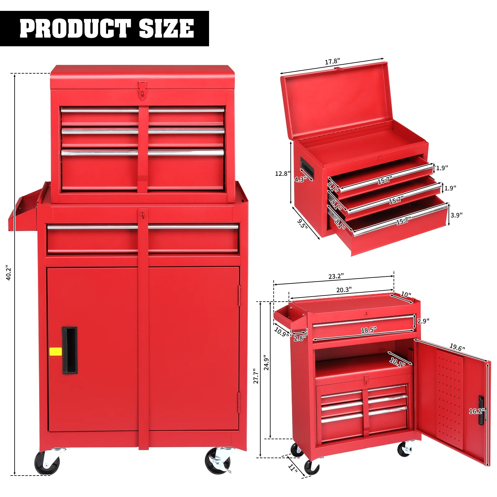 Ktaxon 4-Drawer 2-IN-1 Rolling Tool Chest Storage Cabinet, Mechanic Tool Organizer Box, 23.2" L x 11" W x 40.2" H, Black