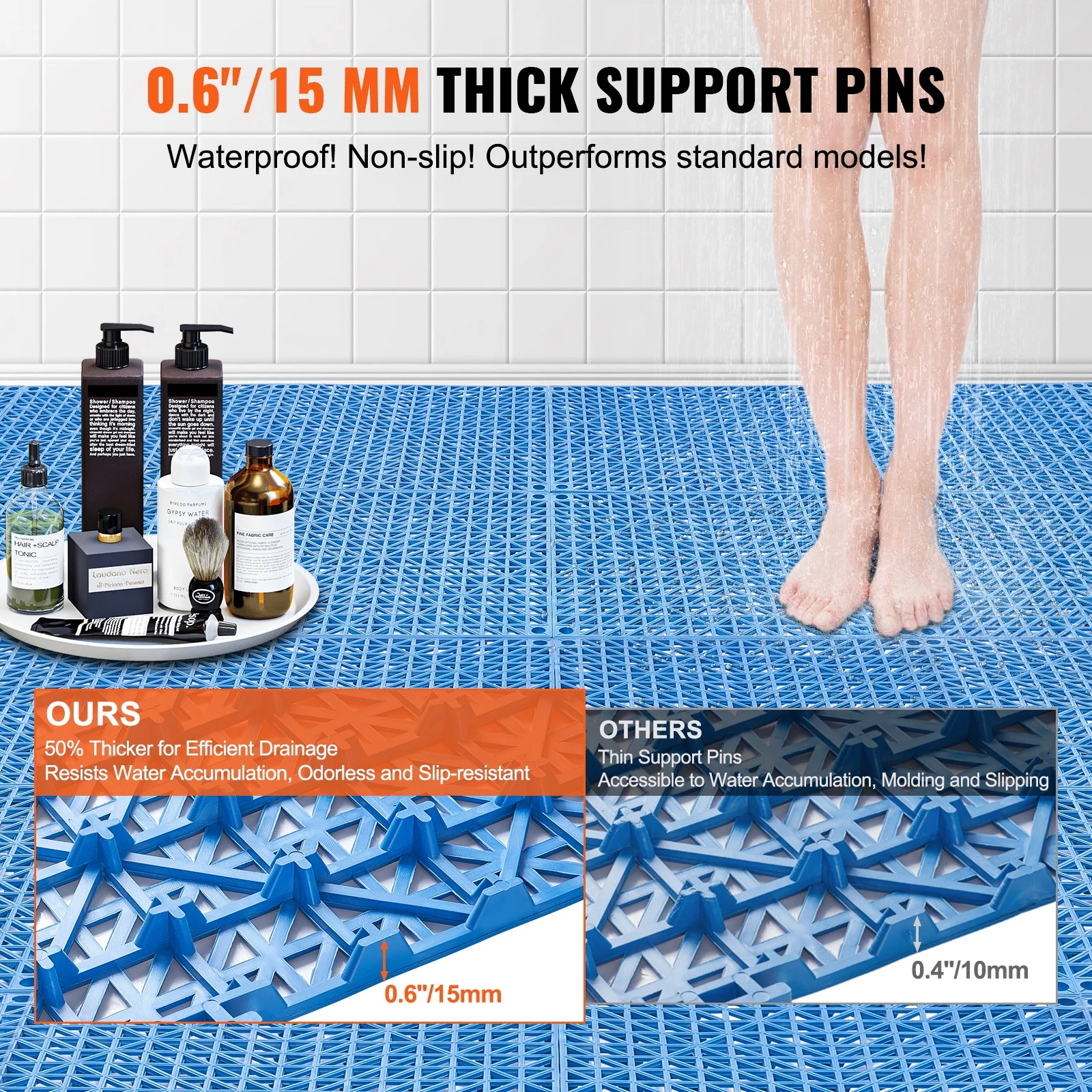 KFFKFF 55 PCS Interlocking Drainage Floor Mat 12″ x 12″ x 0.6″ Modular Interlocking Cushion PVC Non-Slip Drainage Tiles Mats for Pool, Bathroom, Shower, Deck, Patio (Blue)