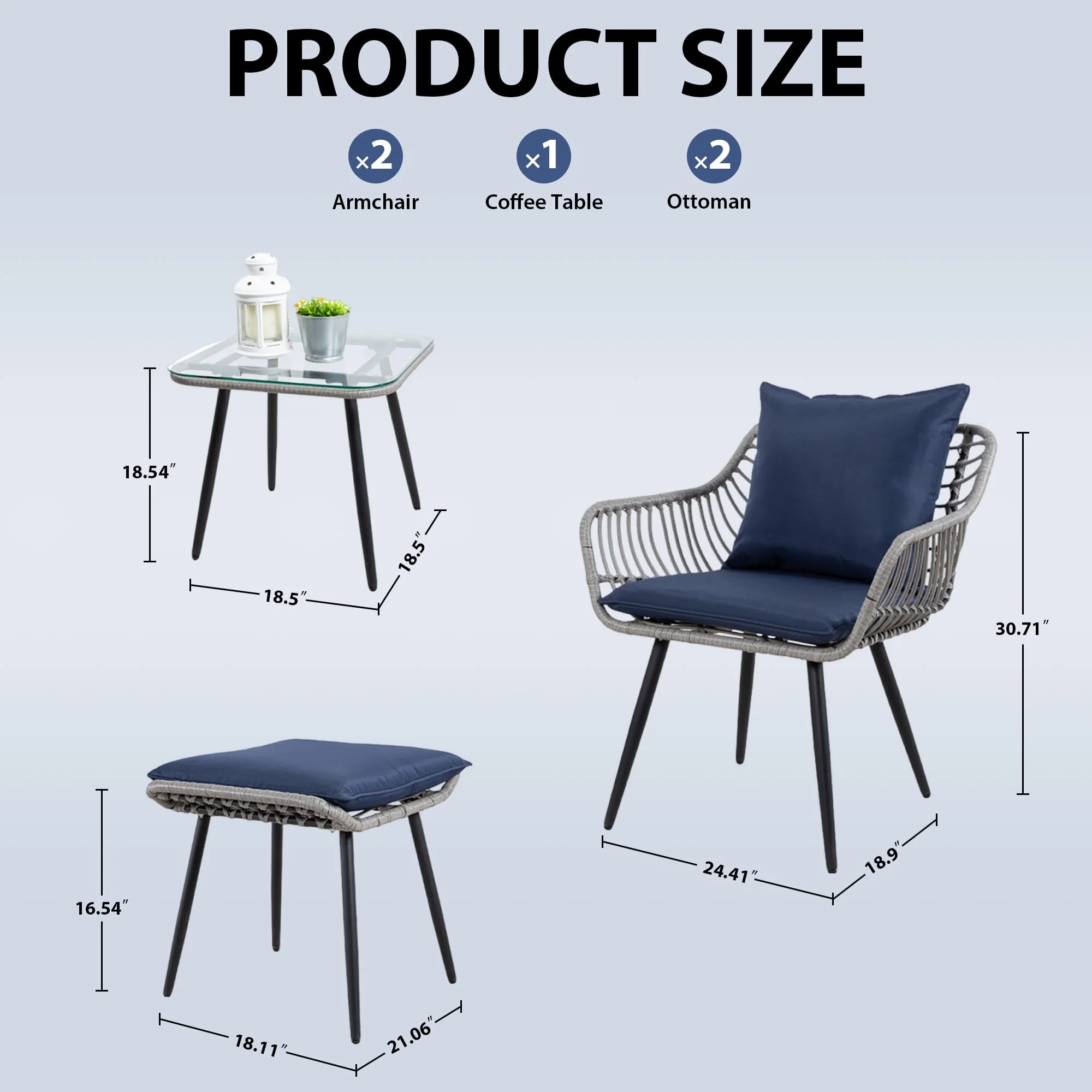 Ainfox 7 Pcs Outdoor Patio Furniture Sofa Set, Grey Rattan Grey Cushion