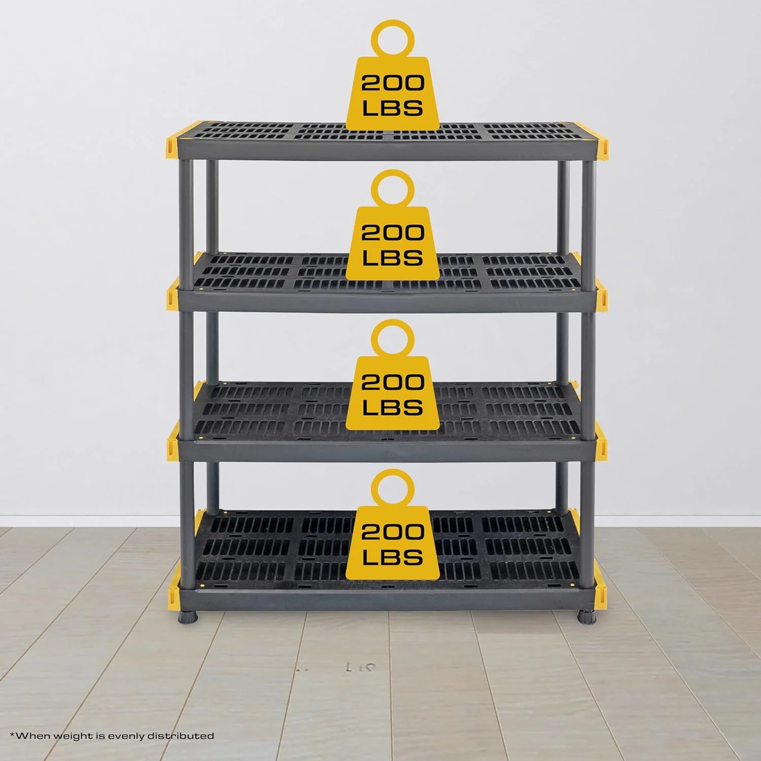 TDUKDB Black and Yellow, 4-Tier Heavy Duty Plastic Storage Shelving Unit, 200lbs/shelf (55H x 48W x 20D), for Indoor/Outdoor Organization, Modular Rack