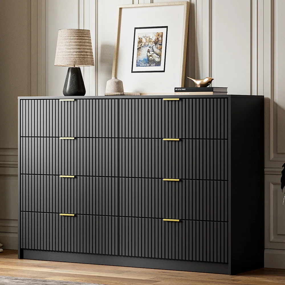 Furniway Black Dresser for Bedroom, 8 Drawer Double Dresser, Modern Chest of Drawers for Bedroom, Living Room, Entryway and Closet, 55" L x 15.7" D x 37.4" H
