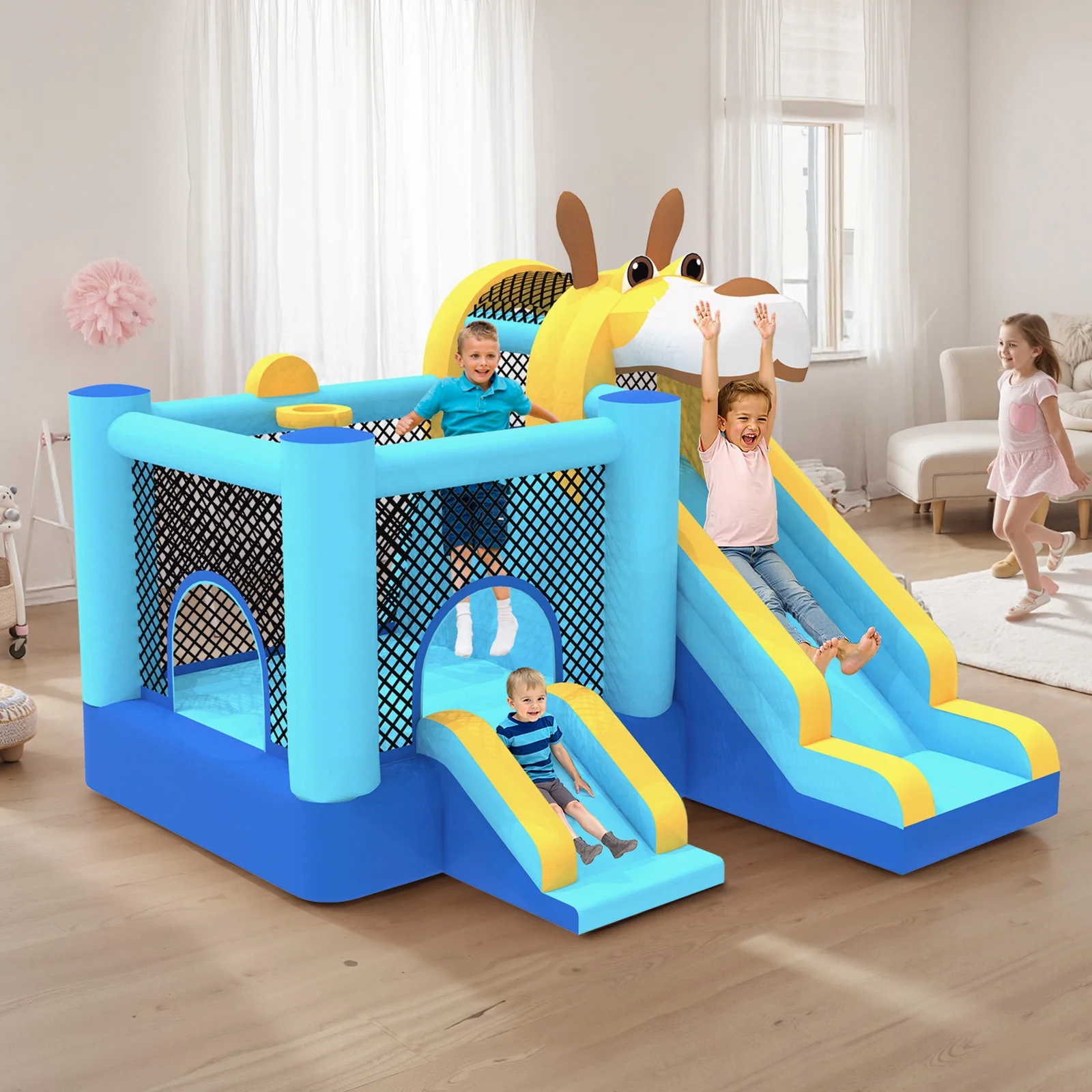 Mukidy 114”x 114” x 92.5” Inflatable Bounce Houses for Kids 3-10 with Blower Double Slide and Ball Pit/Indoor Bouncy House, PVC, Child, Teen, Toddler,Blue