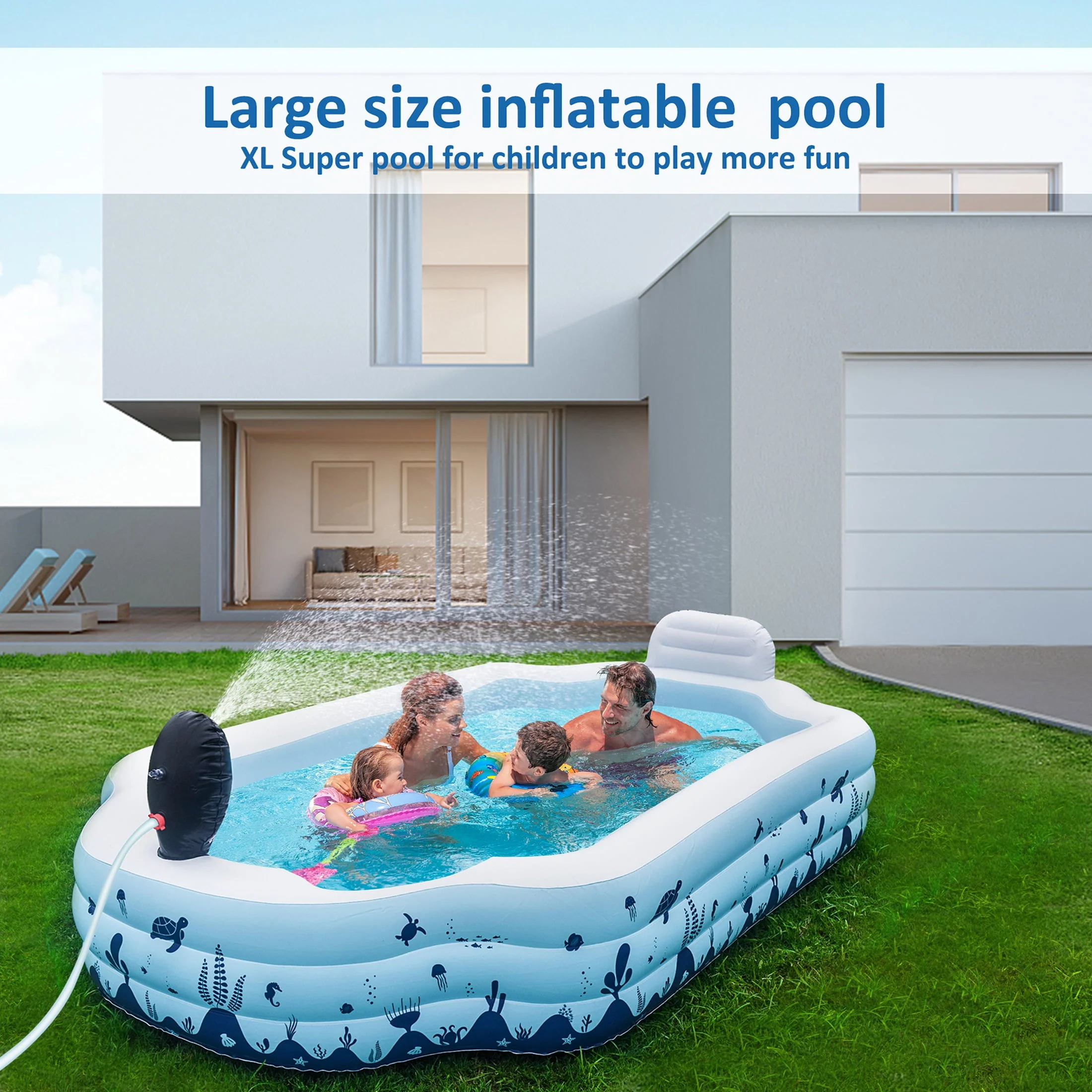 Sebor Inflatable Pool with Seat and Sprinkler - 10.3Ft x 76'' x 20'' Full Sized Above Ground Swimming Pool for Family, Adults, and Kids - Thickened Design for Backyard, Garden, and Outdoor Fun