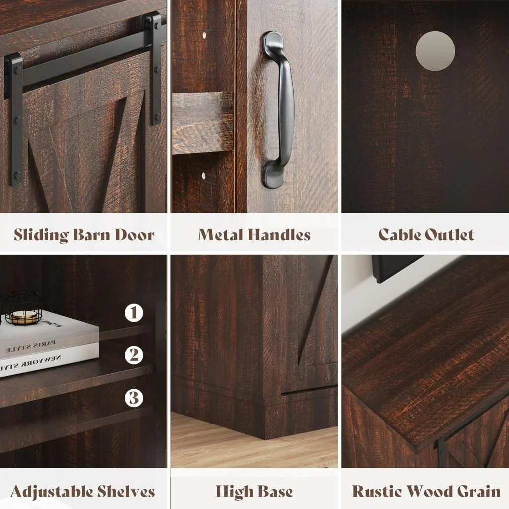 AMERLIFE Fireplace TV Stand with Sliding Barn Door for TVs up to 73", Farmhouse 63" Fireplace Entertainment Center with Storage Cabinets/Adjustable Shelves