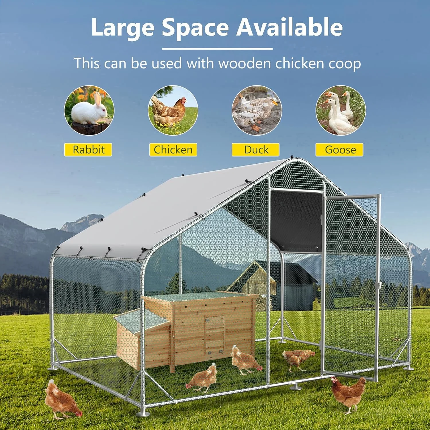 Large Metal Chicken Coops, Outdoor Duck Walk-in Run Poultry Cage, Hen House Yard Habitat Cage with Waterproof Cover Spire Shaped Coop, 9.8′ L x 6.6′ W x 6.6′ H
