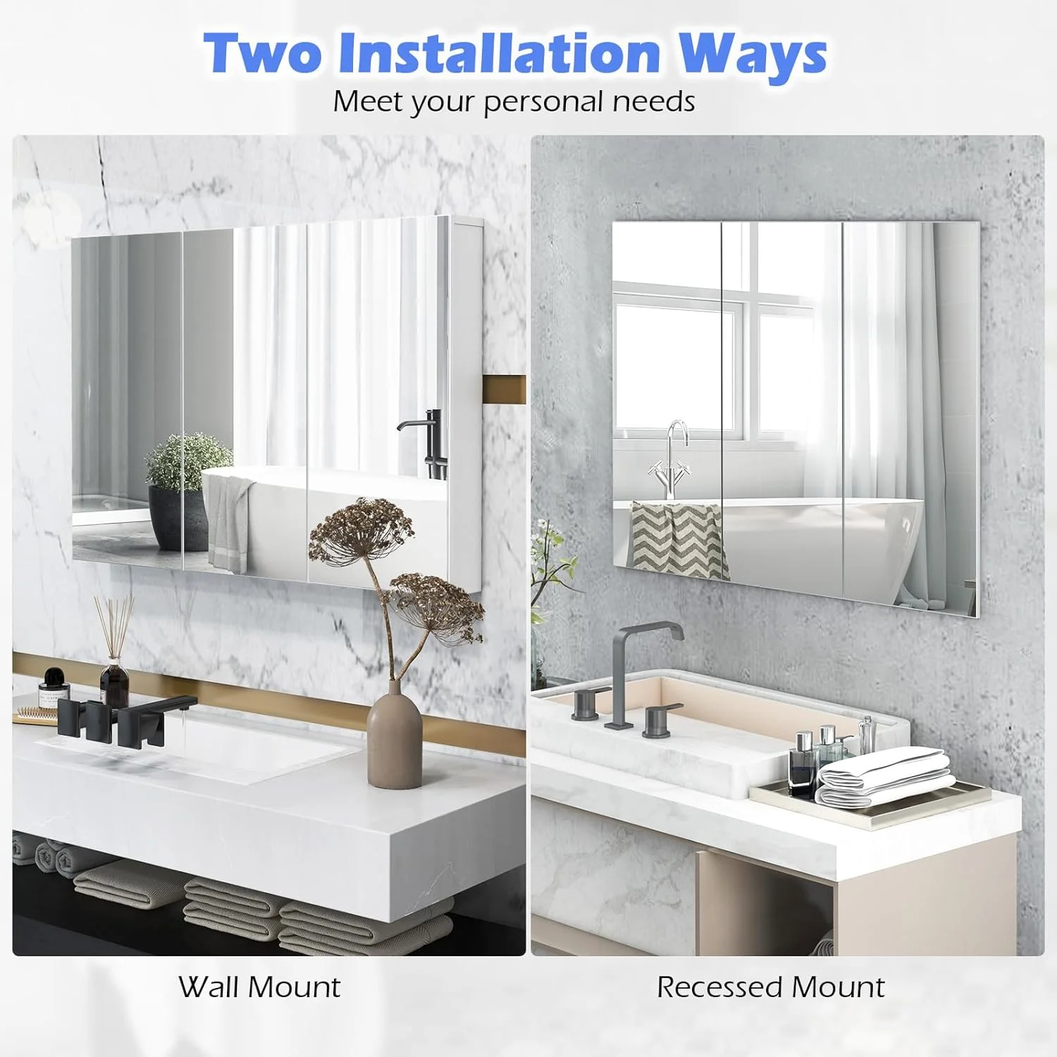 SZWS Mirrored Medicine Cabinet, Large Wide Wall Mounted Storage Cabinet with 3 Mirror Doors & Adjustable Shelf, Hanging Bathroom Organizer, White, 36 x 4.5 x 25.5 Inches