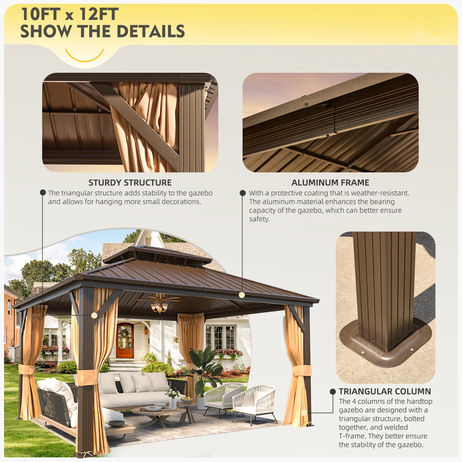 Hommow 10' X 12' Hardtop Gazebo Aluminum Frame Gazebo with Galvanized Steel Double Roof