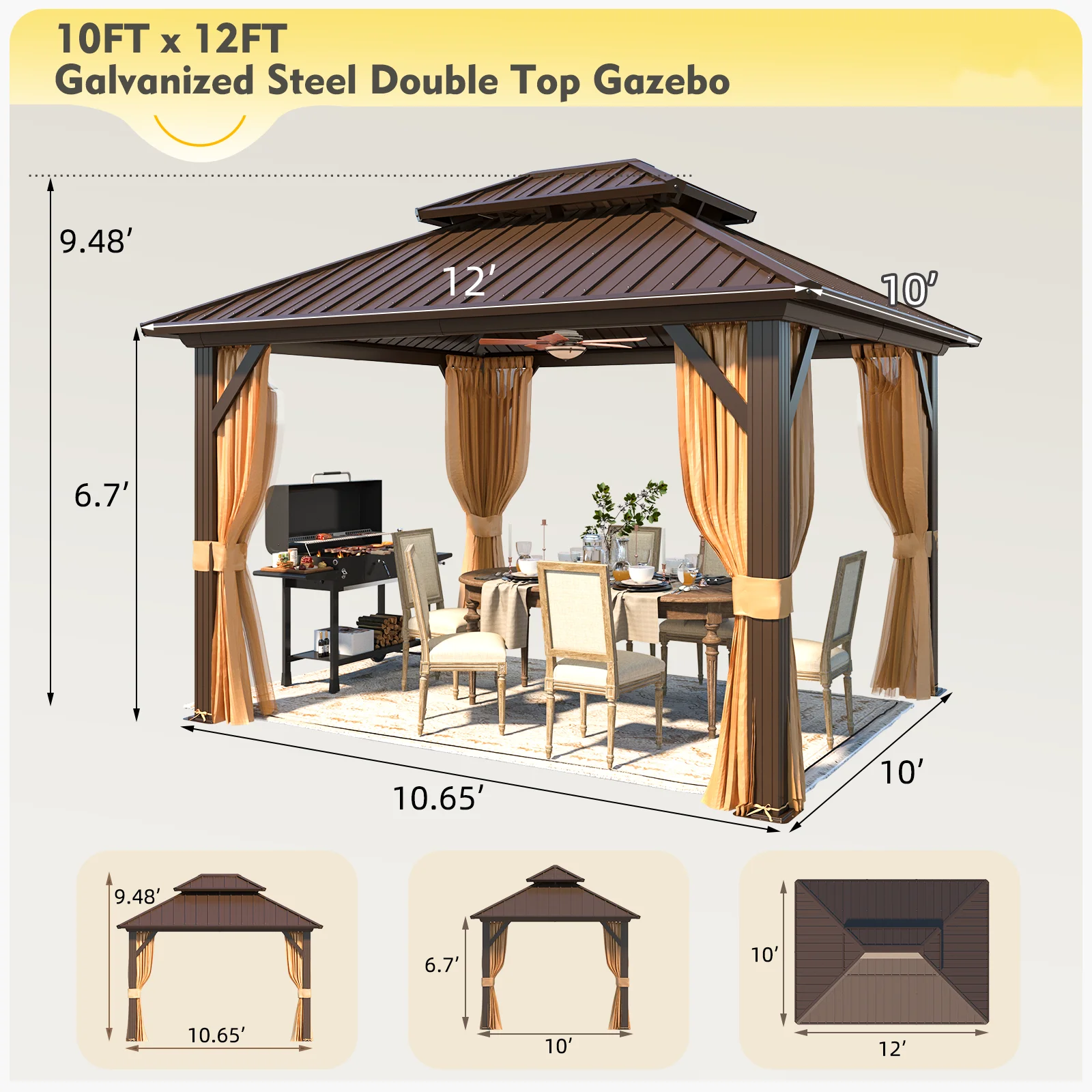 Hommow 10' X 12' Hardtop Gazebo Aluminum Frame Gazebo with Galvanized Steel Double Roof