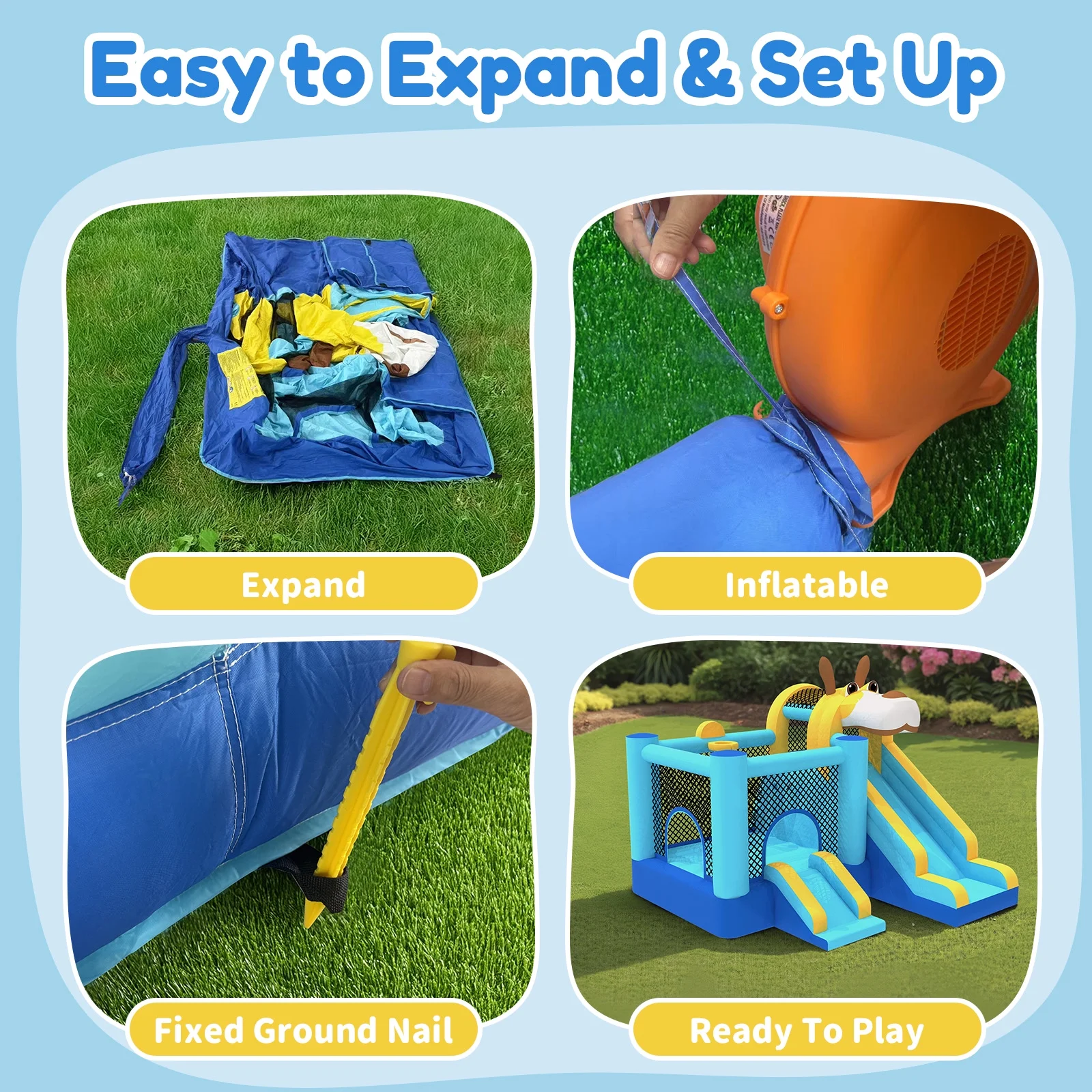 Mukidy 114''x 114'' x 92.5'' Inflatable Bounce Houses for Kids 3-10 with Blower Double Slide and Ball Pit/Indoor Bouncy House, PVC, Child, Teen, Toddler,Blue
