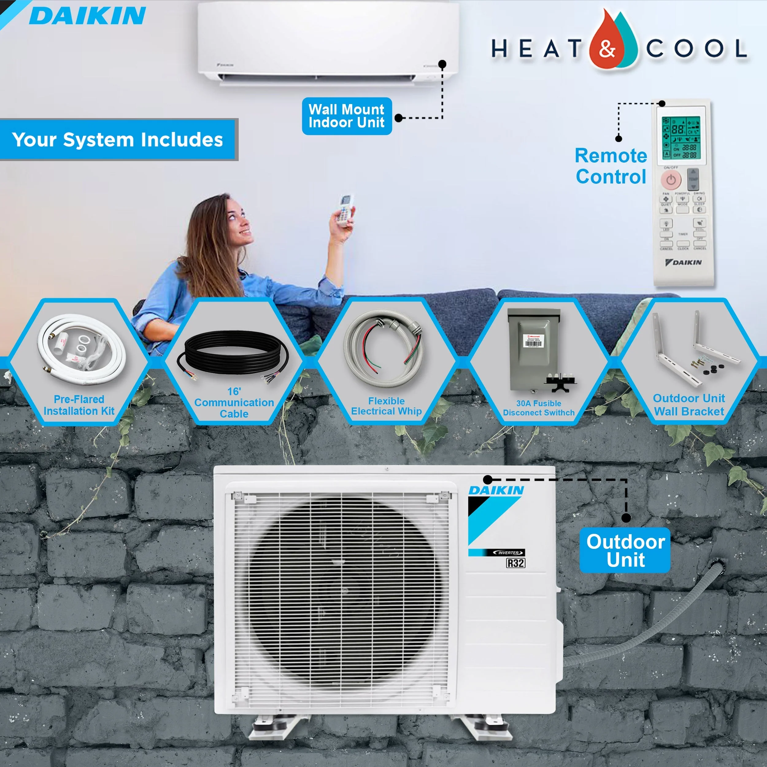 Daikin Ductless Mini-Split Air Conditioner 18000 BTU 18 SEER2 R32 – FTXC18AXVJU/RXC18AXVJU