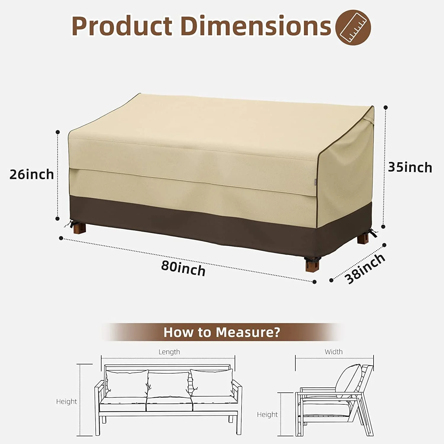 Waterproof Outdoor Couch Cover, 600D Heavy Duty 3-Seater Patio Sofa Cover, 80-Inch Patio Furniture Covers with Large Air Vent (80″ x 38″ x 35″, Brown & Khaki)