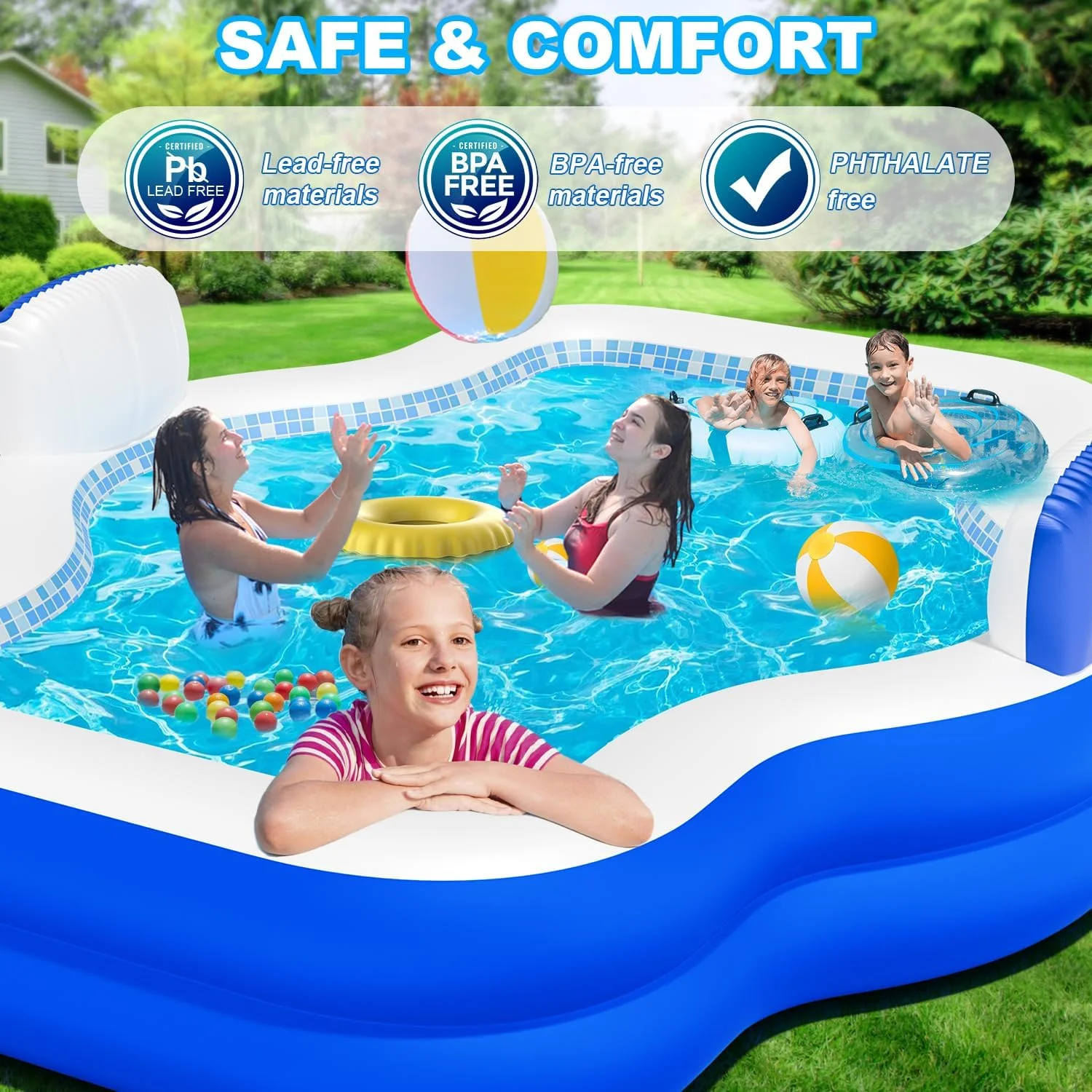 Large Inflatable Swimming Pool for Kids Adults, 121" X 90" X 22" Oversized Thickened Kiddie Pools Family Blow-Up Pool with Pump Seat, Inflatable Pools for Garden, Backyard, Indoor Outdoor Water Party
