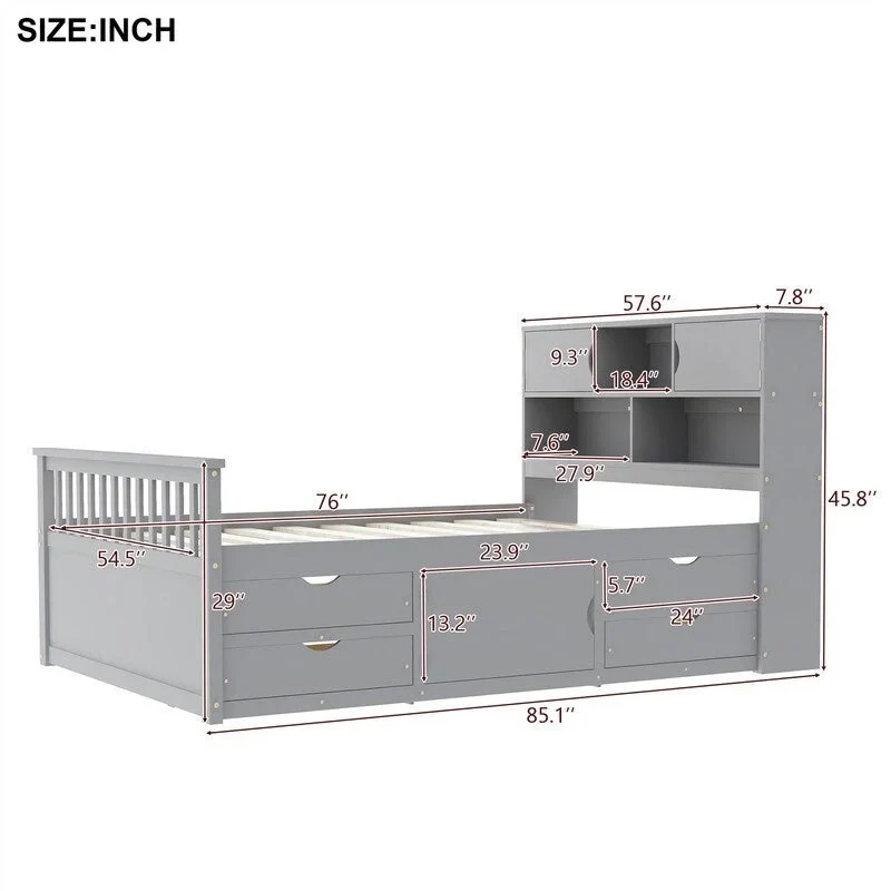 Twin/Full Size Captain Platform Bed with 4 Drawers and Storage Shelves, Solid Wood Bed Frame with Storage Bookcase Headboard