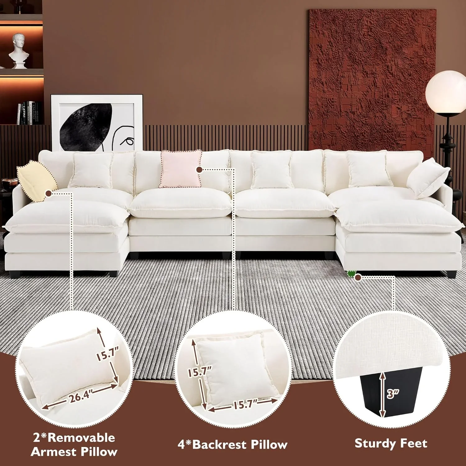 Ihanherry 146" U-Shaped Modern Sofa Modular Sectional Cloud Couch with 2 Ottoman, 6-Seat Chenille Deep Seat Sofa with 6 Pillows for Living Room, Bedroom and Apartment, Grey