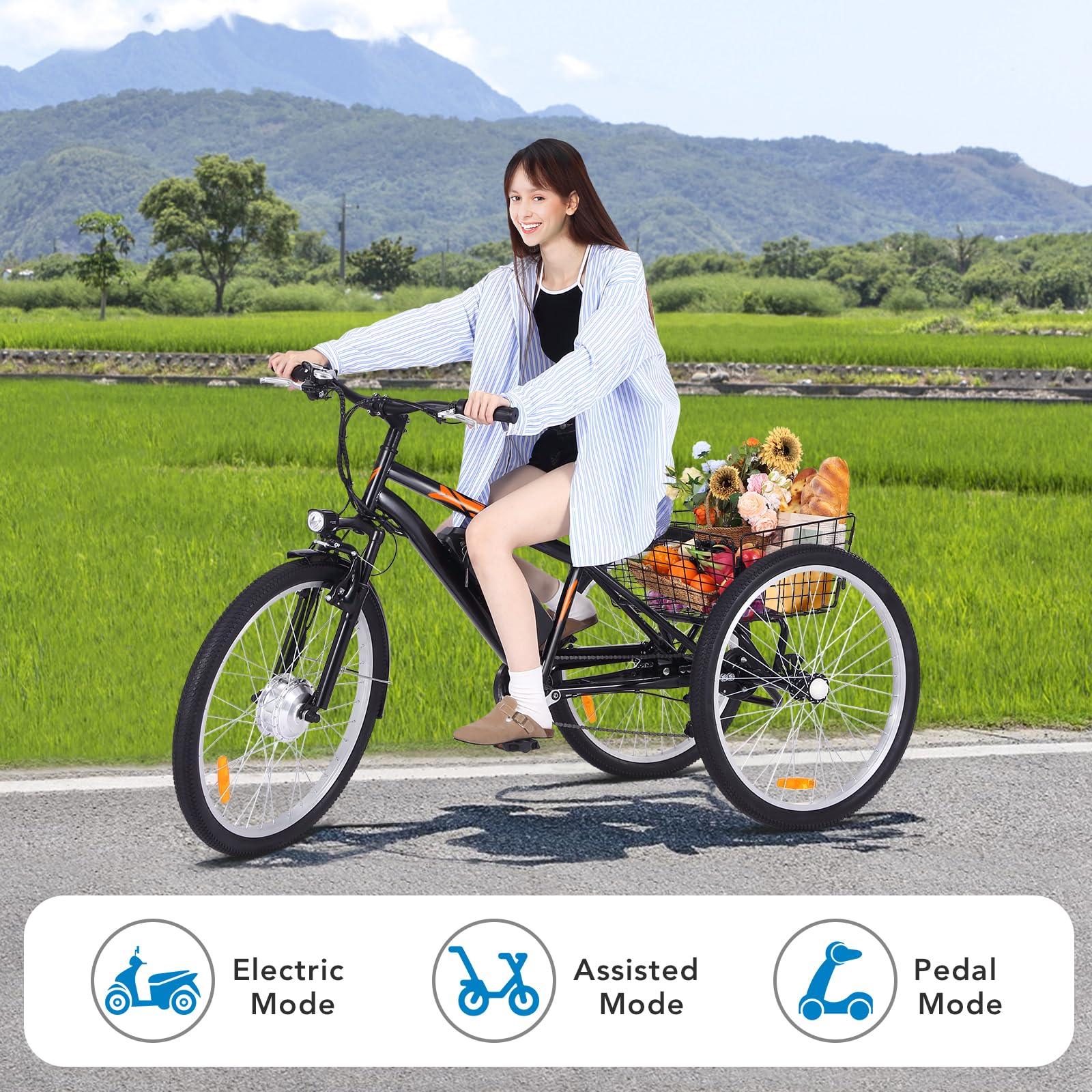 Garvee 3 Wheel Electric Bicycle for Men Women, 350W Motor Electric Tricycle for Adults, 26″ Fat Tire Motorized Bicycle w/ 36V 10Ah Removable Battery, 7 Speed Electric Trike up to 50+ Miles, 3 Modes