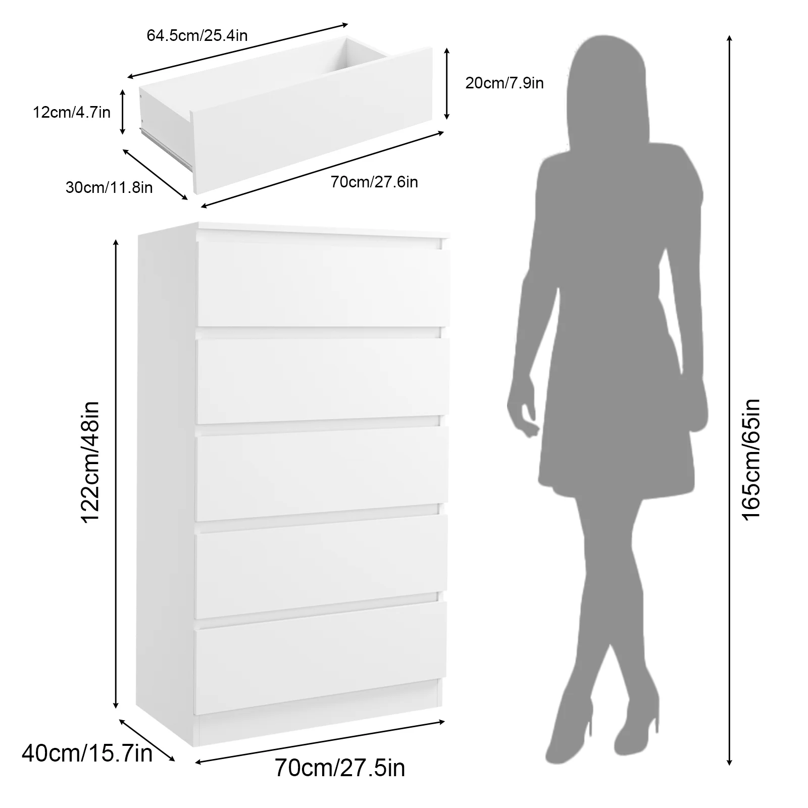 Hommpa Dresser for Bedroom, 48"H White Dresser for Closet, 5 Drawers Tall Wooden Modern Storage Chests of Drawers for Women, Living Room Furniture 27.5"L X 15.7"W X 48"H