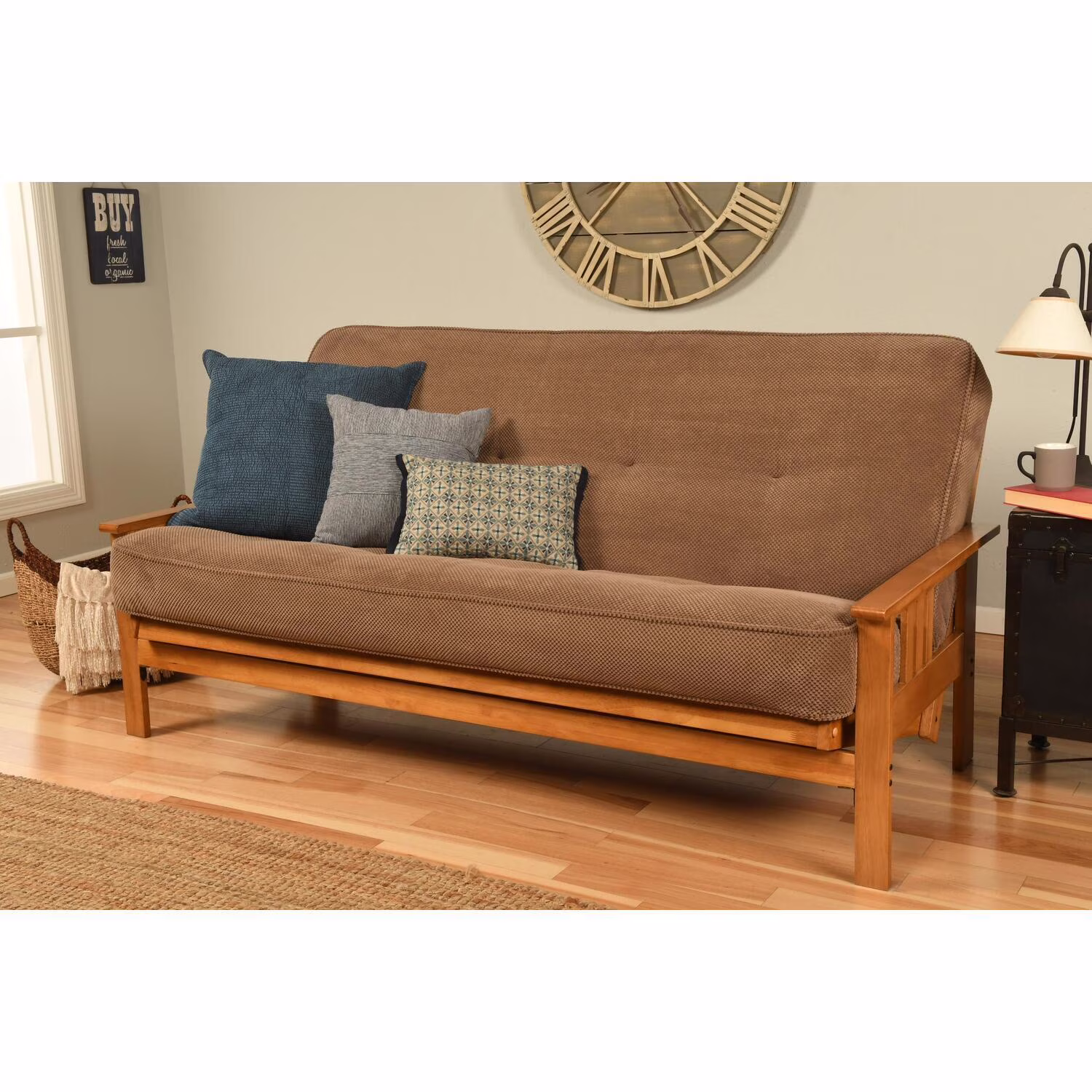 Homestock African Artifacts Full Size Futon Frame Set with Mattress, Easily Converts to Bed, Versatile Design Futon Frame for All Spaces, 33"H x 79"L x 37"D-Color:Linen Charcoal,Size:Barbados