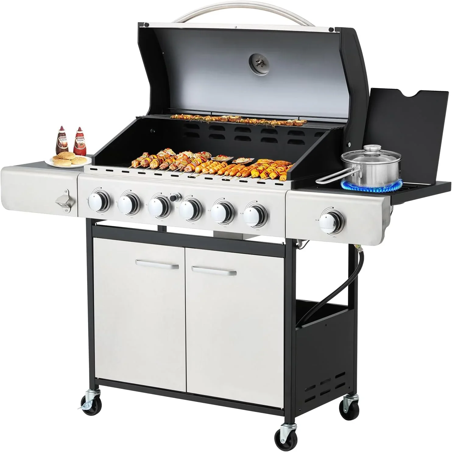 Upgraded 4 Burner BBQ Propane Gas Grill with Cast Iron Grates & Side Stove, 44,000 BTU Stainless Steel Burner Barbecue Grill for Patio, Camping, Outdoor Cooking.