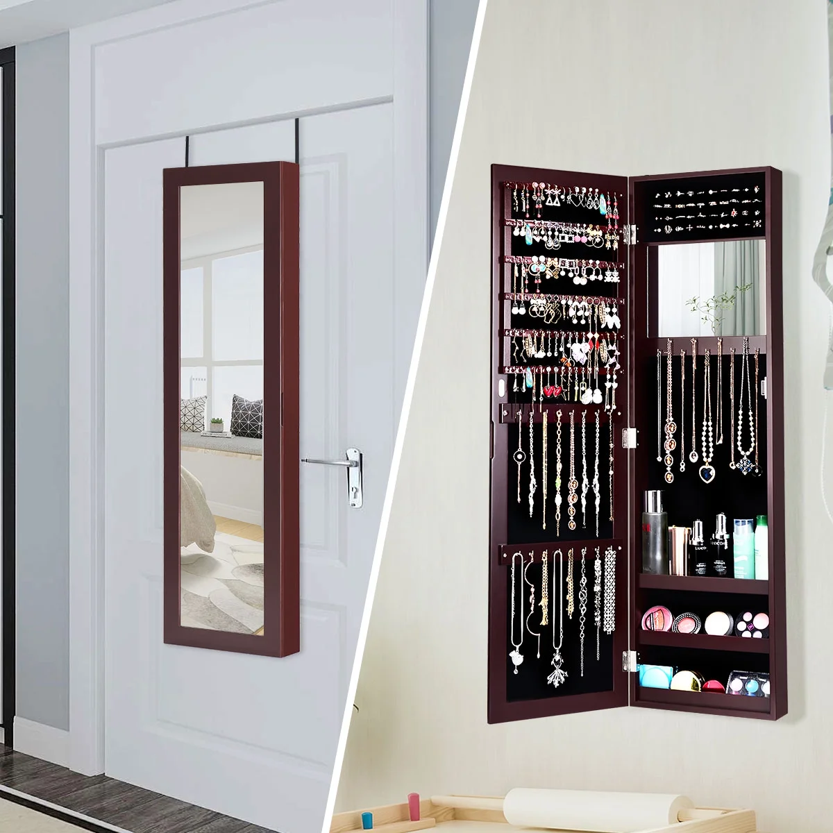 Costway Wall Door Mounted Mirrored Jewelry Cabinet Storage Organizer-Black
