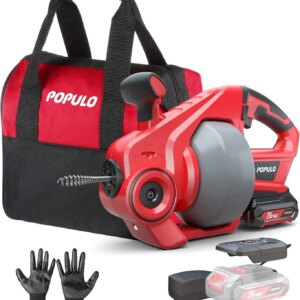 POPULO 20V Cordless Electric Drain Auger-Efficient 25Ft Auto-Feed Drain Snake with Replaceable Cable,2.0Ah Battery,Charger,Storage Bag & Gloves for Kitchen,Bathroom,Shower Pipes (3/4"-2")"