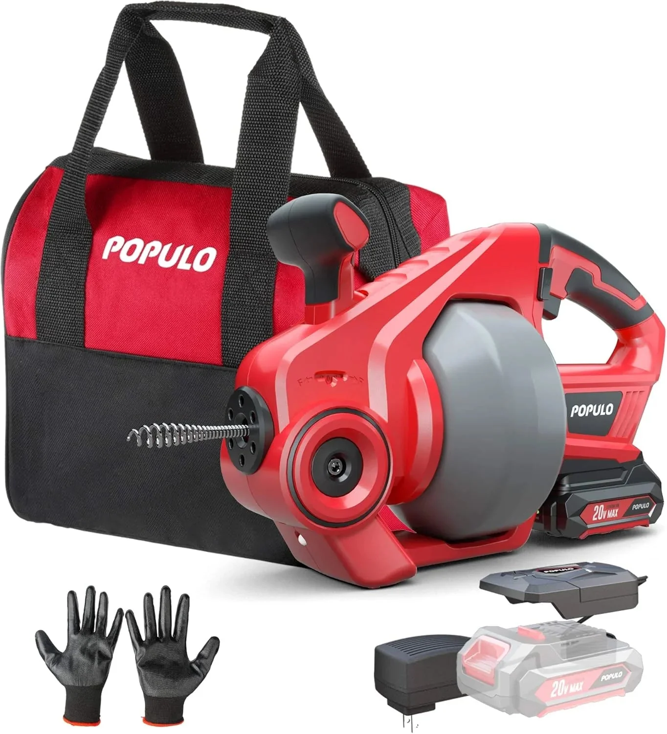 POPULO 20V Cordless Electric Drain Auger-Efficient 25Ft Auto-Feed Drain Snake with Replaceable Cable,2.0Ah Battery,Charger,Storage Bag & Gloves for Kitchen,Bathroom,Shower Pipes (3/4″-2″)”