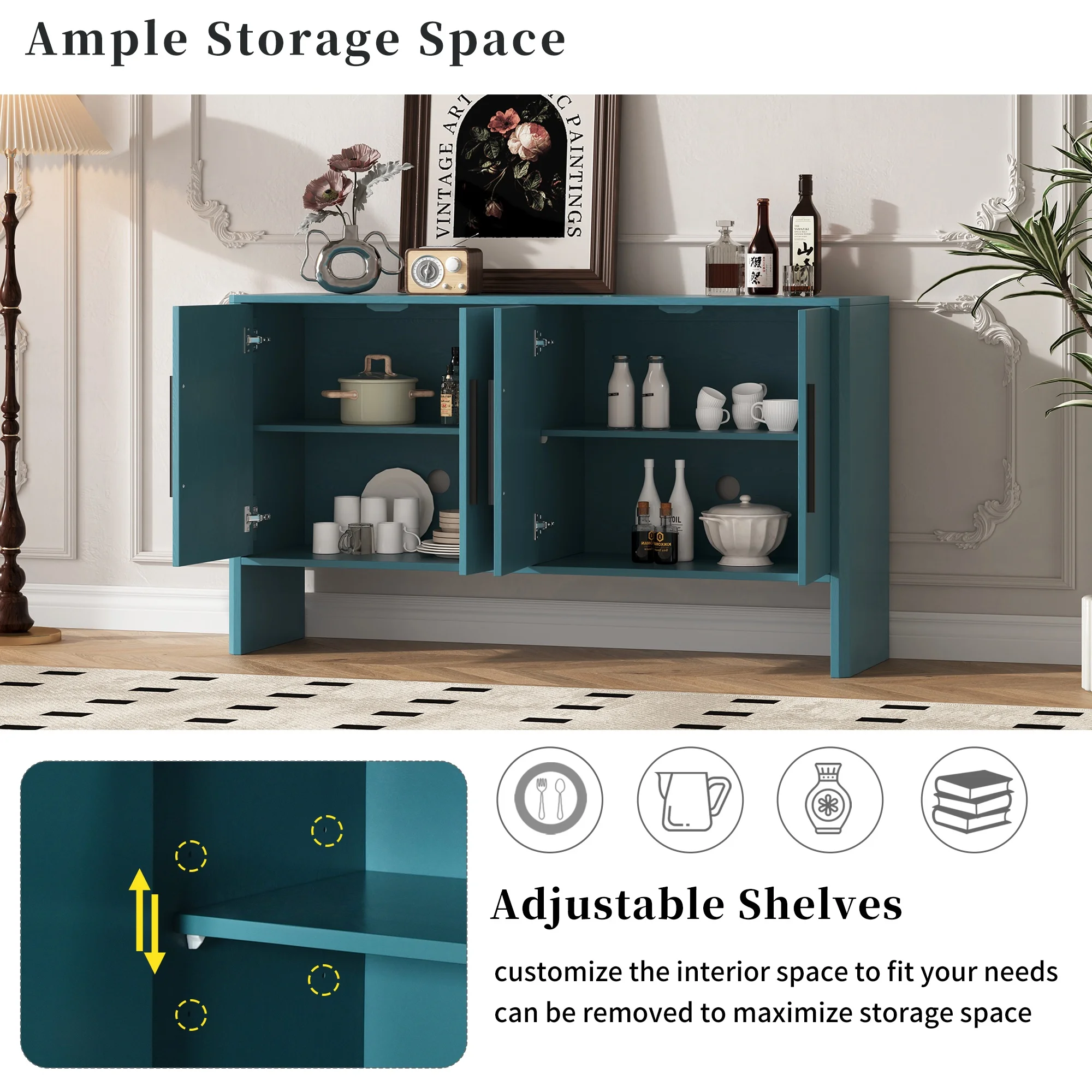 Accent Cabinet with 4 Doors, TUANLUO Buffet Cabinet with Adjustable Shelves, Wood Storage Cabinet, Modern Accent Cabinet Furniture for Hallway Entryway Living Room, 59"L x 15.7"W x 33.2"H, Blue