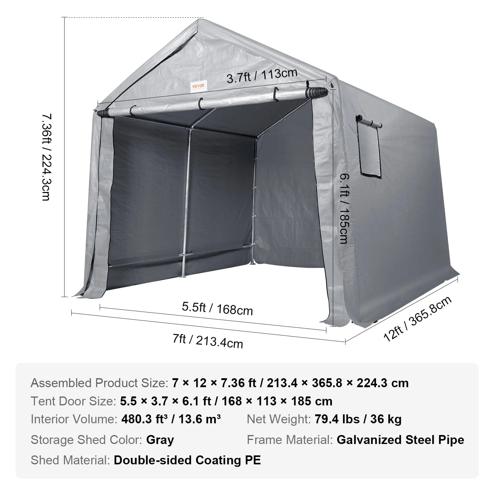BENTISM Portable Shed Outdoor Storage Shelter, 7 x 12 x 7.36 ft Heavy Duty Instant Storage Tent Tarp Sheds with Roll-up Zipper Door and Ventilated Windows