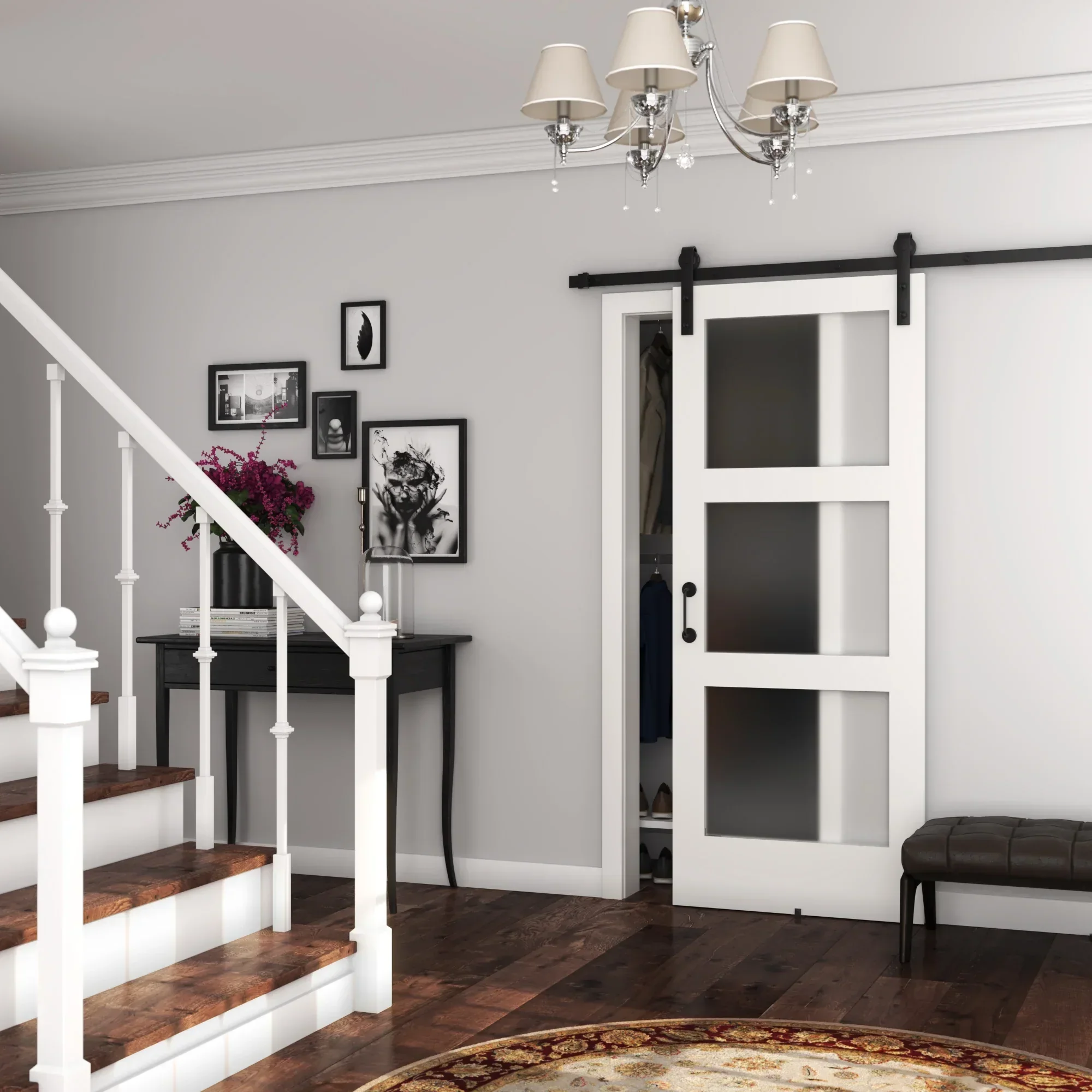 EightDoors 84 x 32 x 1-3/8 3-Lite Frosted Glass White Prefinished Solid Wood Core Interior Barn Door
