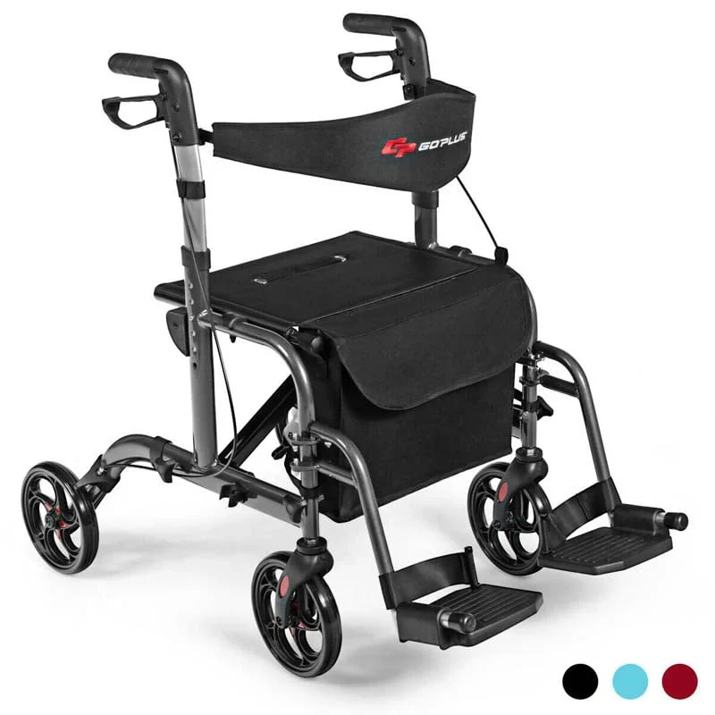 2 In 1 Rollator Walker Wheelchair Folding Medical Walker Aluminum Transport Chair Mobility Walking Aid - Comfortable And Ergonomic Design