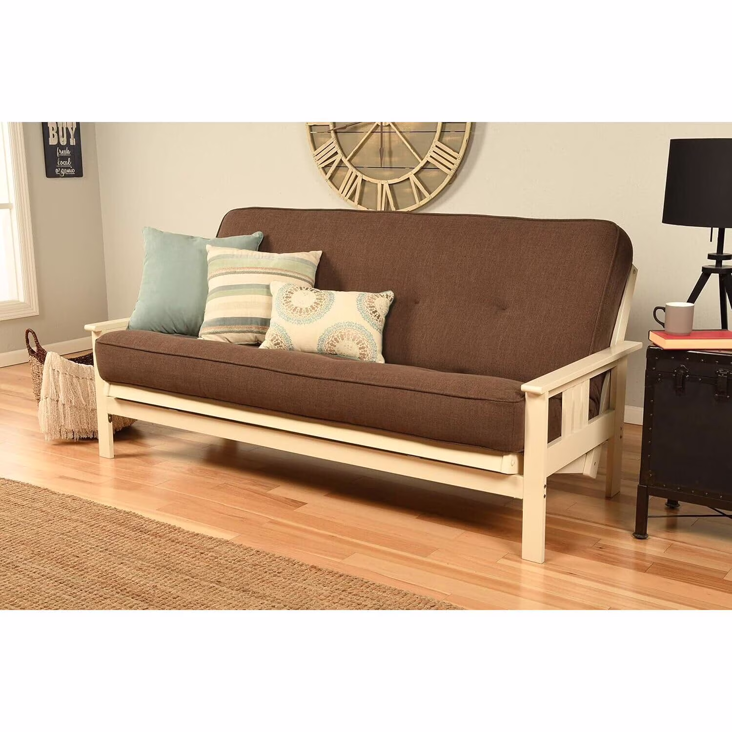 Homestock African Artifacts Full Size Futon Frame Set with Mattress, Easily Converts to Bed, Versatile Design Futon Frame for All Spaces, 33"H x 79"L x 37"D-Color:Linen Charcoal,Size:Barbados