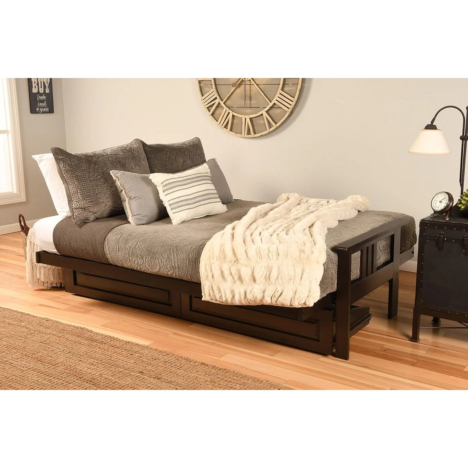 Homestock African Artifacts Full Size Futon Frame Set with Mattress, Easily Converts to Bed, Versatile Design Futon Frame for All Spaces, 33"H x 79"L x 37"D-Color:Linen Charcoal,Size:Barbados