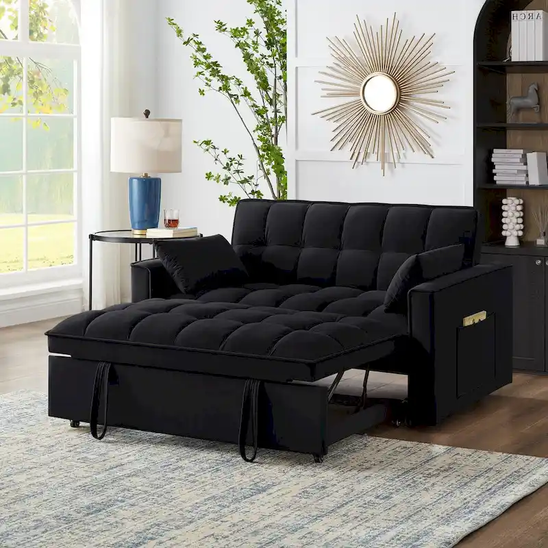 4-in-1 Pull-Out Sleeper Sofa Bed – Loveseat in Velvet -Convertible Couch Bed with Reclining Backrest,2 Side Pockets