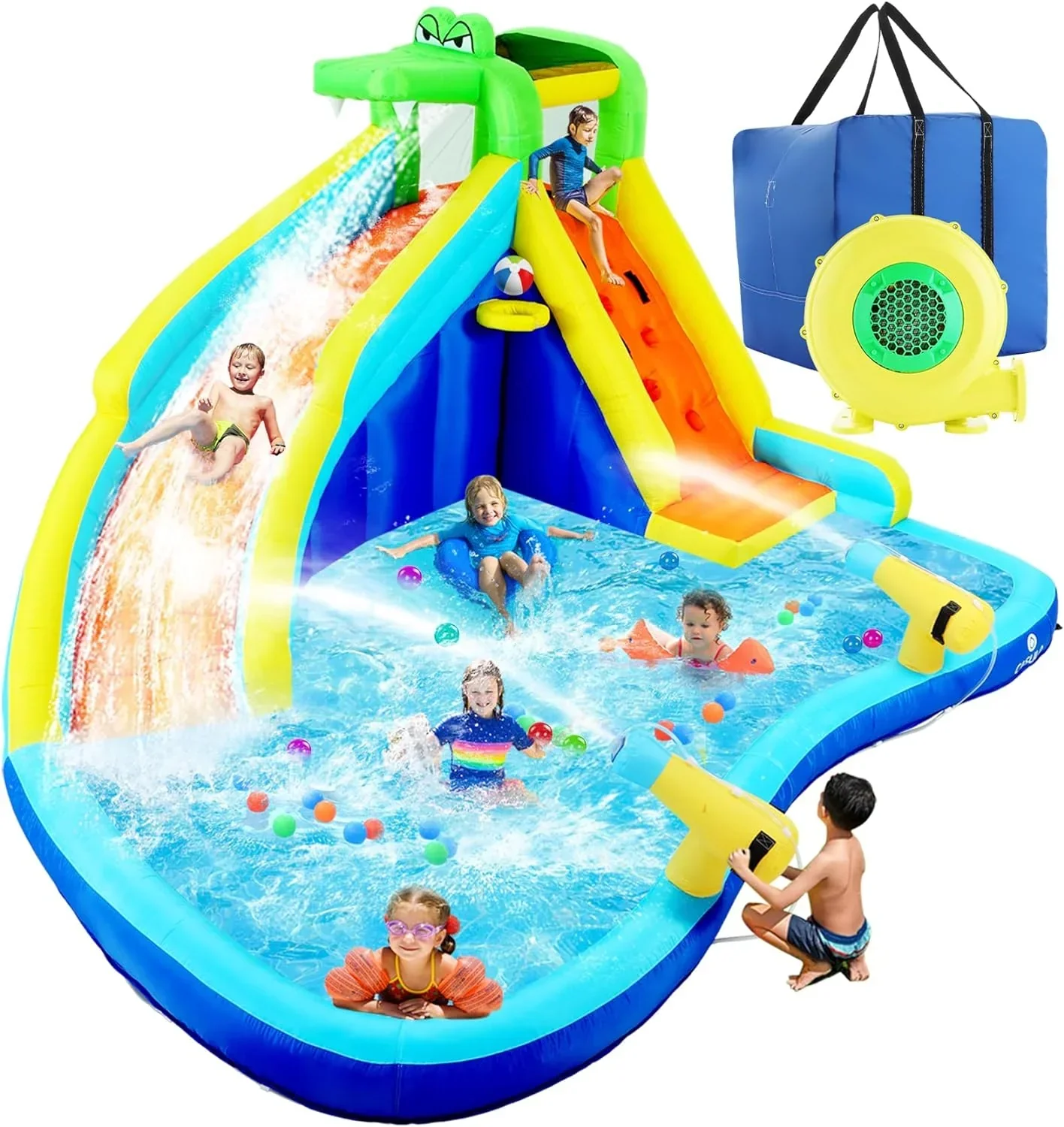 ROOJER Inflatable Water Slide Bounce House 8-in-1 With 450W Blower – Crocodile Water Park