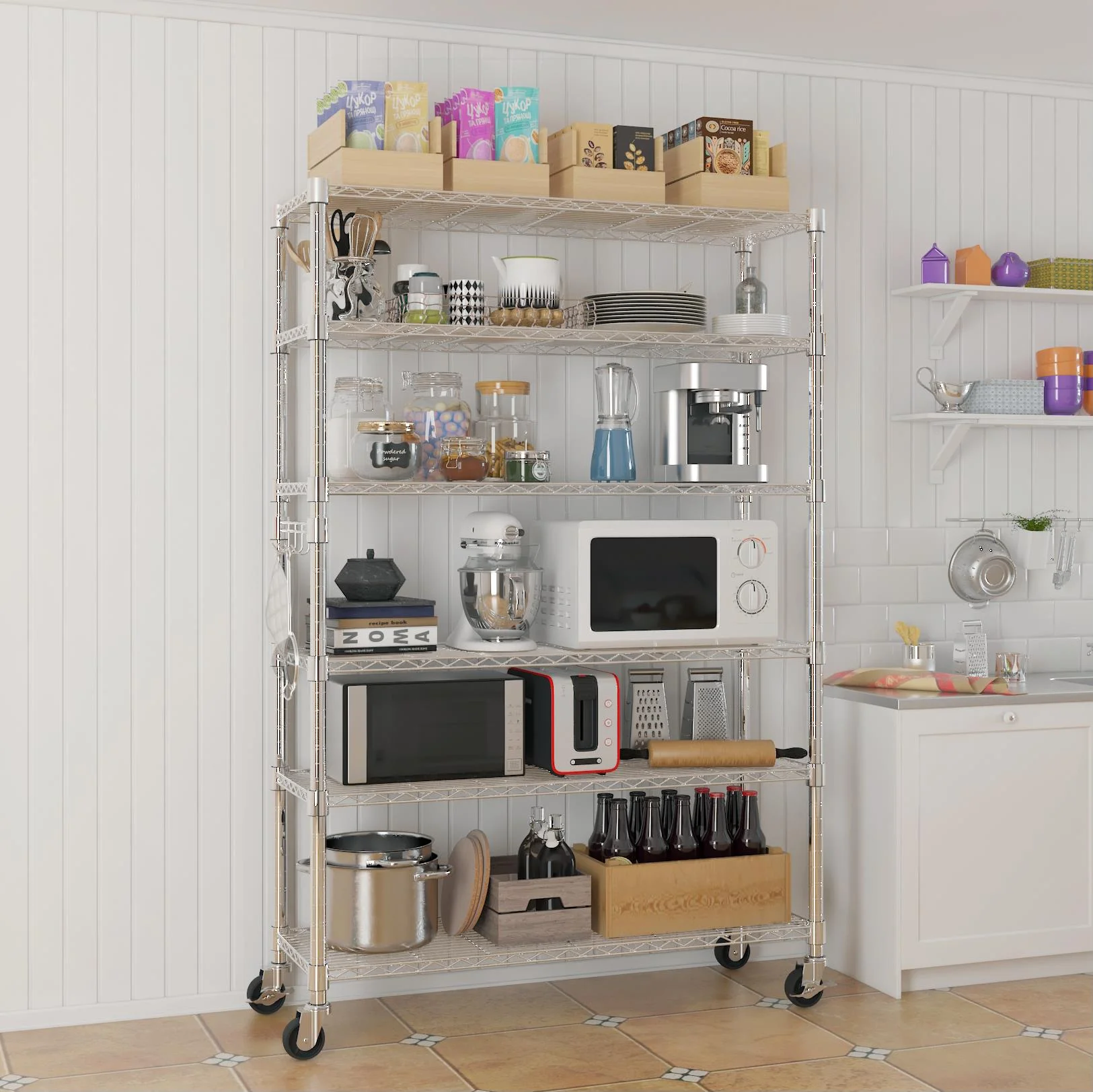 Ktaxon 6 Tier Wire Shelving with Wheels, 46"D x 18"W x 82"H Multifunctional Storage Rack Metal Garage Shelves Organizer, Capacity for 900lbs, Silver