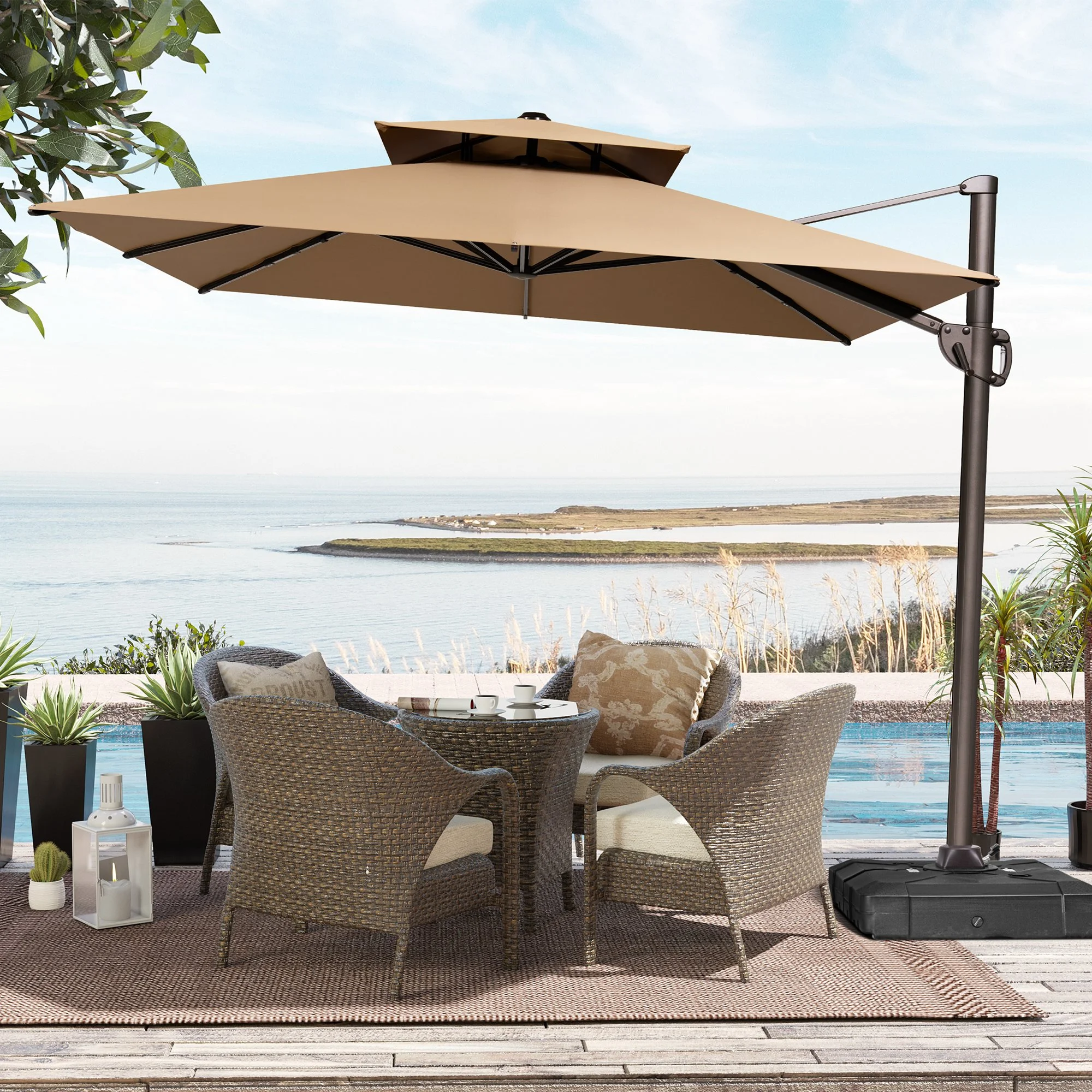 Pellebant 11 ft. x 9 ft. Rectangular Double Top Patio Cantilever Umbrella, Black
