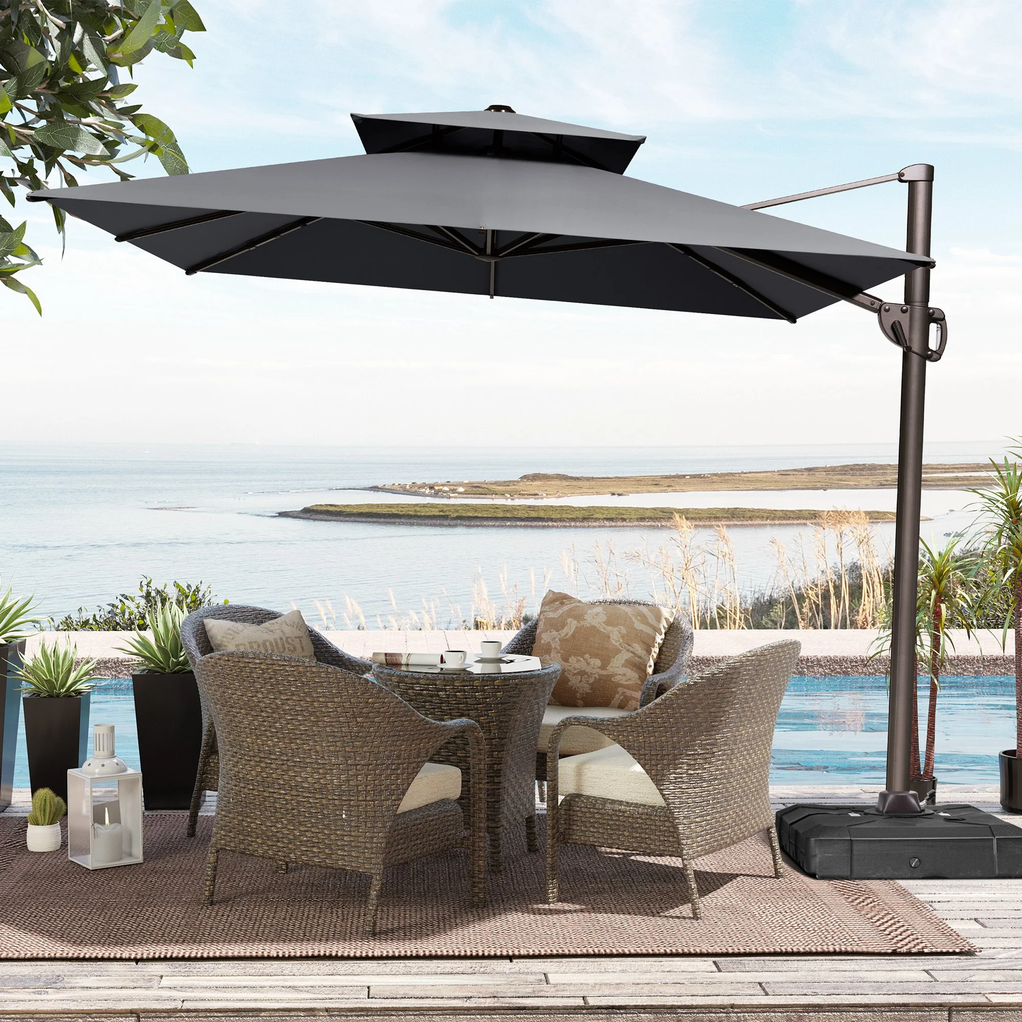 Pellebant 11 ft. x 9 ft. Rectangular Double Top Patio Cantilever Umbrella, Black