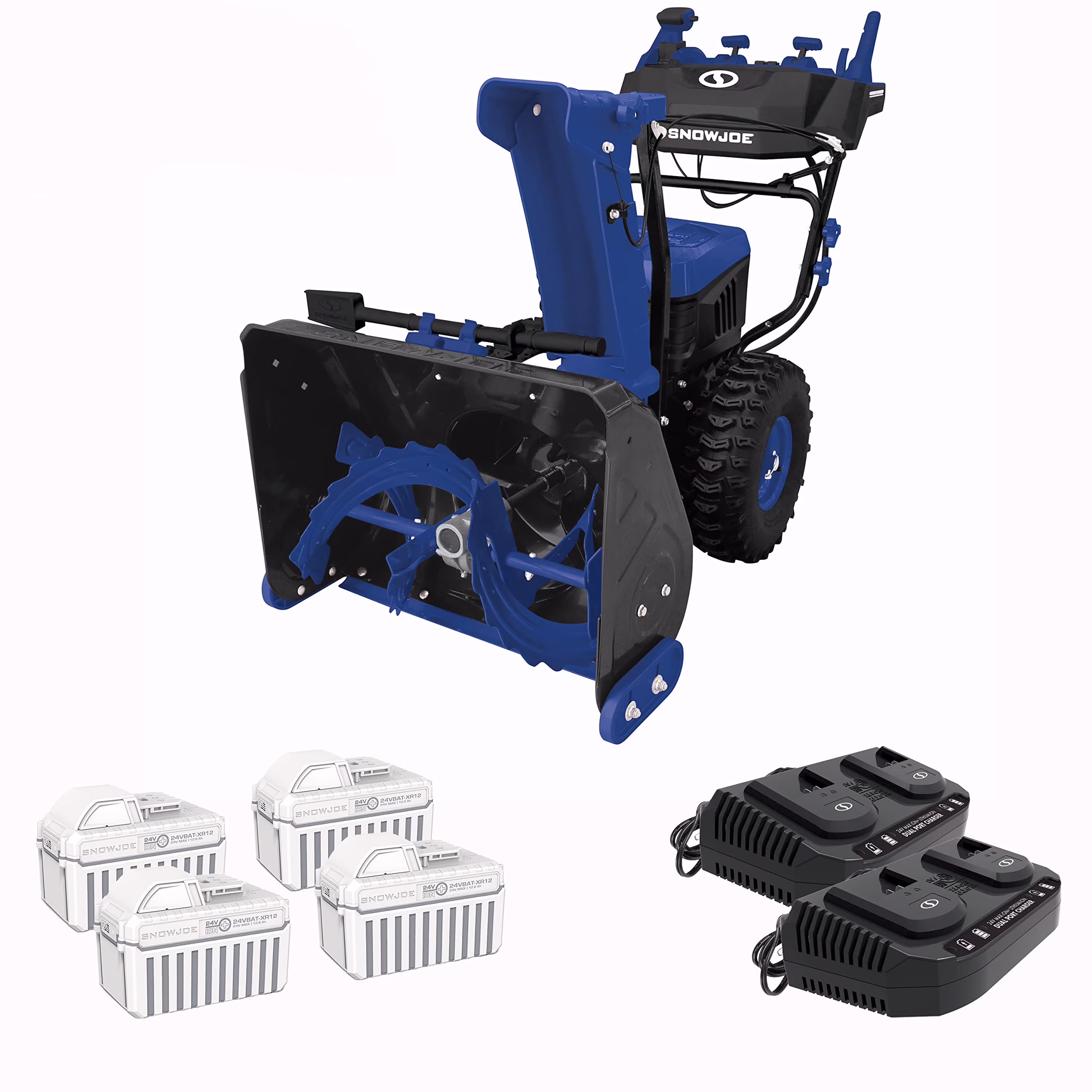 Restored Snow Joe 24V-X4-SB24 Snow Blower Kit Cordless Brushless Dual Stage Self-Propelled 24 in. Snow Blower + 4 x 24V 12Ah Batteries + 2 x Dual Port Chargers (Refurbished)