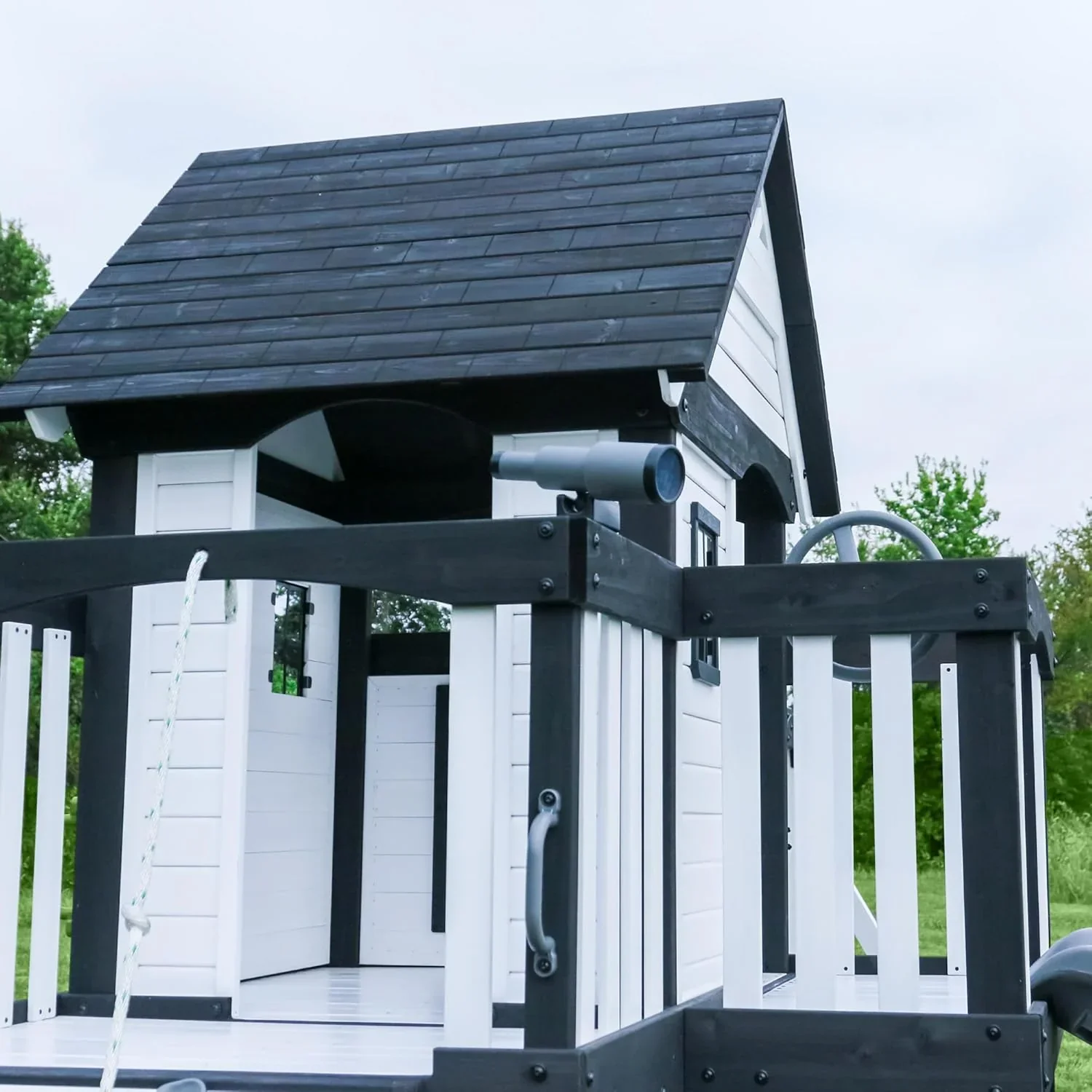 Backyard Discovery Canyon Creek Cedar Wood Swing Set with Wave Slide, Clubhouse, Play Kitchen, Picnic Area, Belt Swings, Web Swing, Rock Wall, Balconies, Playhouse, Step Ladder, Outdoor Playset