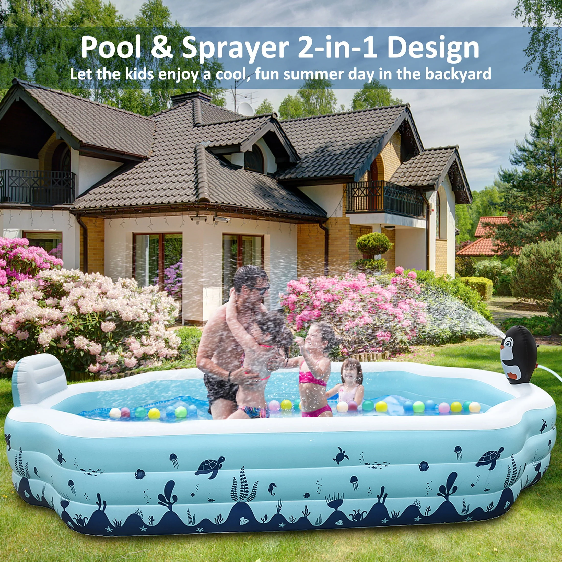 Sebor Inflatable Pool with Seat and Sprinkler - 10.3Ft x 76'' x 20'' Full Sized Above Ground Swimming Pool for Family, Adults, and Kids - Thickened Design for Backyard, Garden, and Outdoor Fun