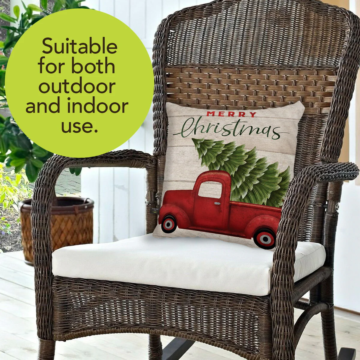 Merry Christmas Pickup Truck Decorative Pillow Rustic Indoor Outdoor 17″ x 17″