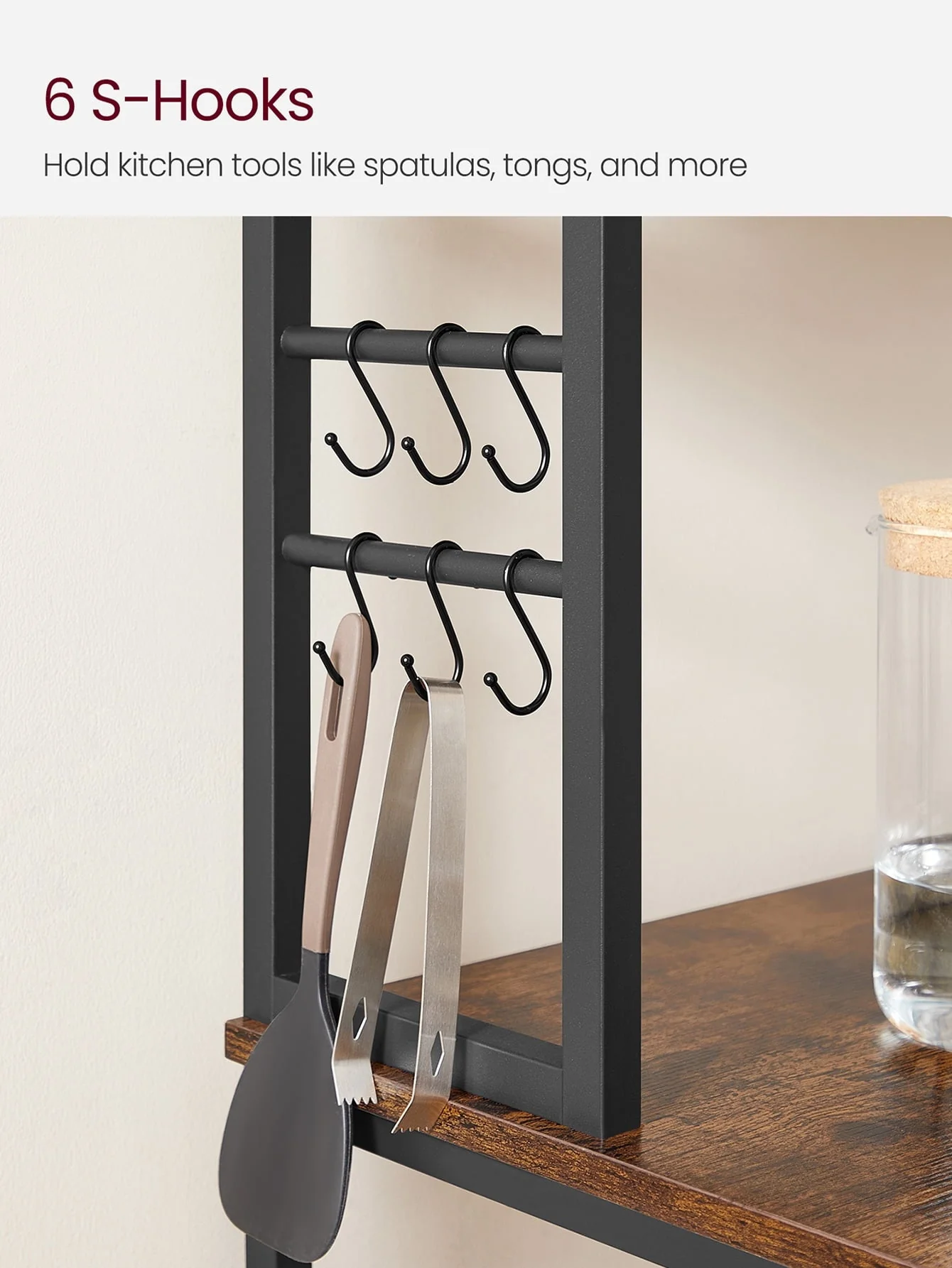 VASAGLE Baker's Rack Microwave Oven Stand Kitchen Tall Utility Storage Shelf 6 Hooks and Metal Frame Industrial 15.7 x 31.5 x 65.7 Inches Rustic Brown and Black