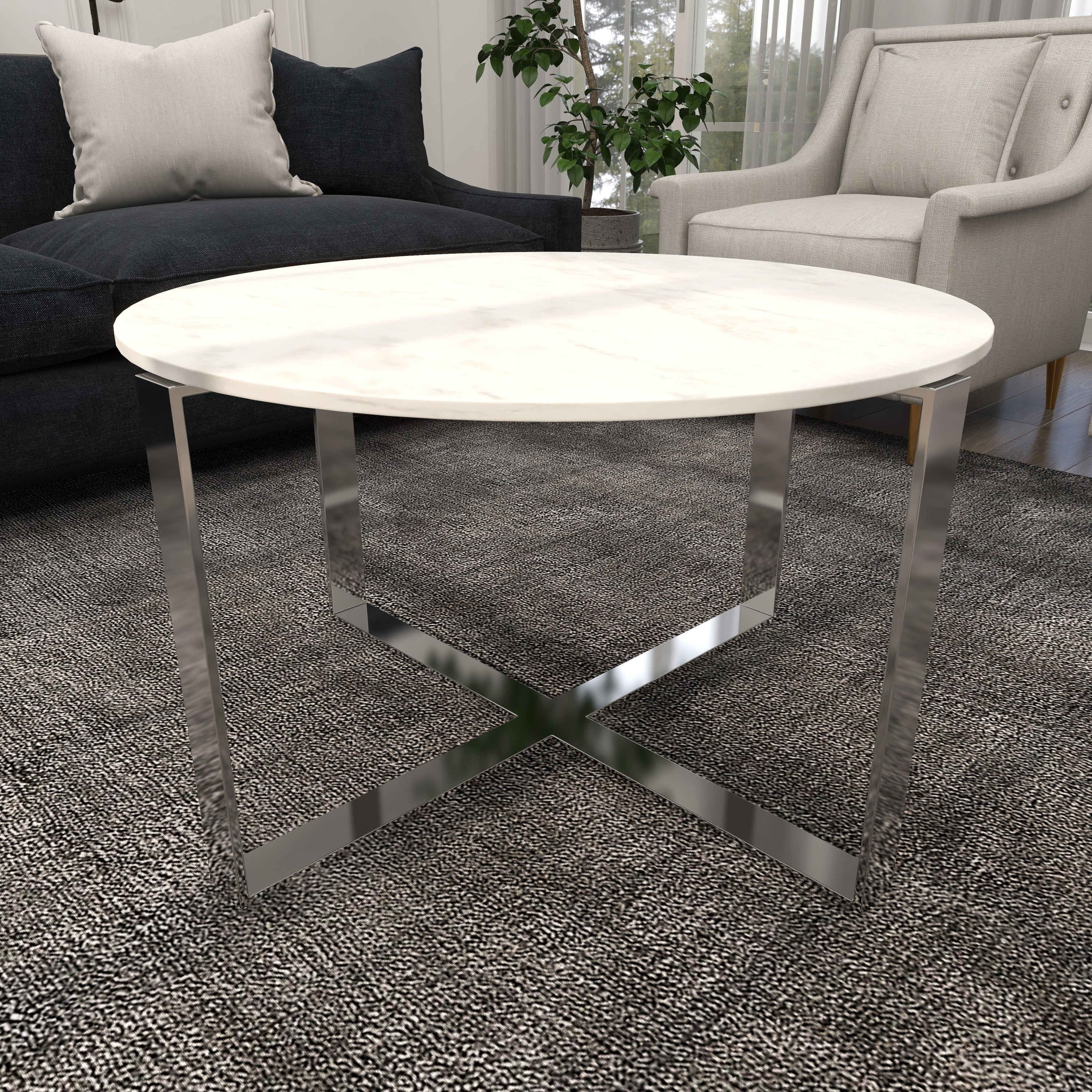 DecMode 31" x 18" White Ceramic Coffee Table with Marble Top, 1-Piece
