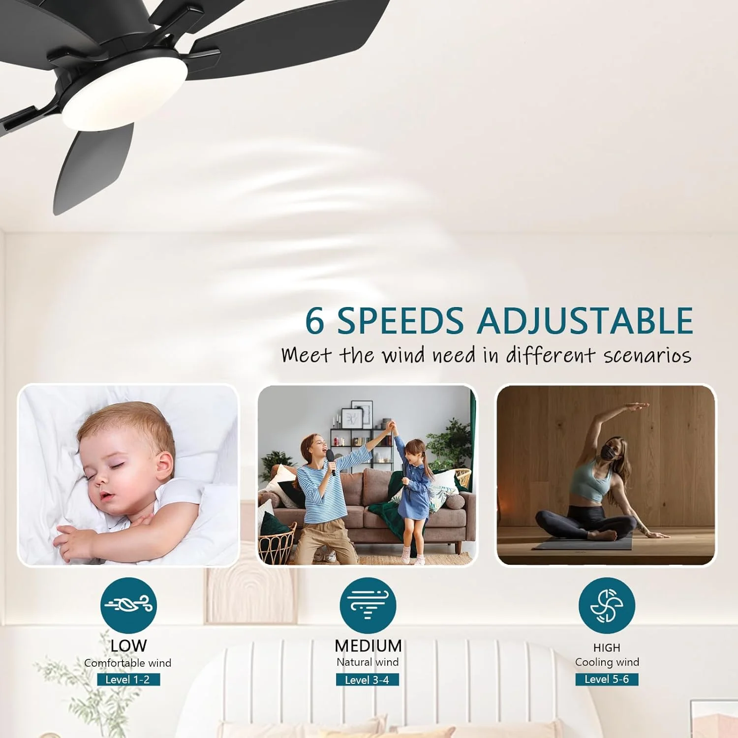 42 Inch Low Profile Ceiling Fans with Lights and Remote, Flush Mount Modern Ceiling Fan, 3 CC T DC Ceiling Fan for Bedroom, Living Room, Brushed Nickel