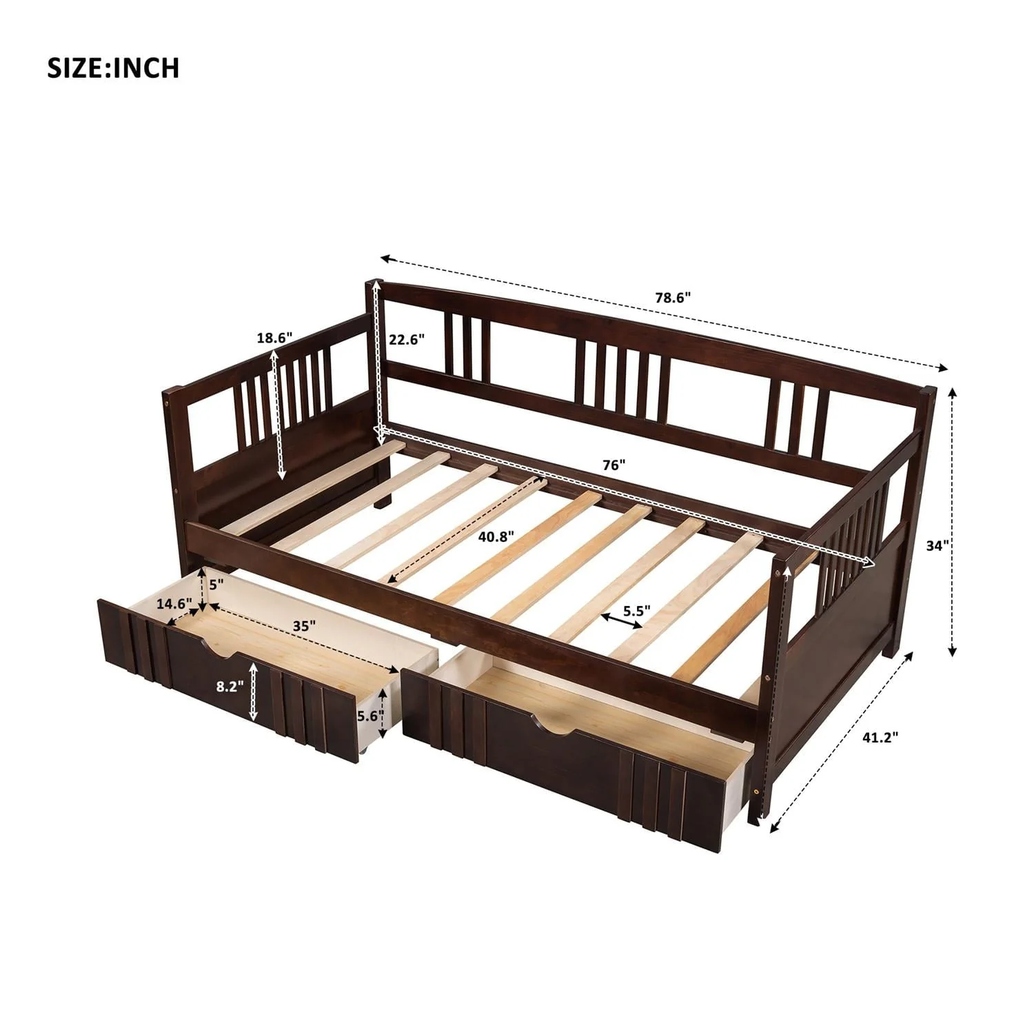 Twin Size Daybed Wood Bed with Two Drawers, Solid Wood Captains Bed Sofa Bed Frame for Kids/Teens/Adults, No Box Spring Required, Espresso 78.6''L x 41.2''W x 34''H